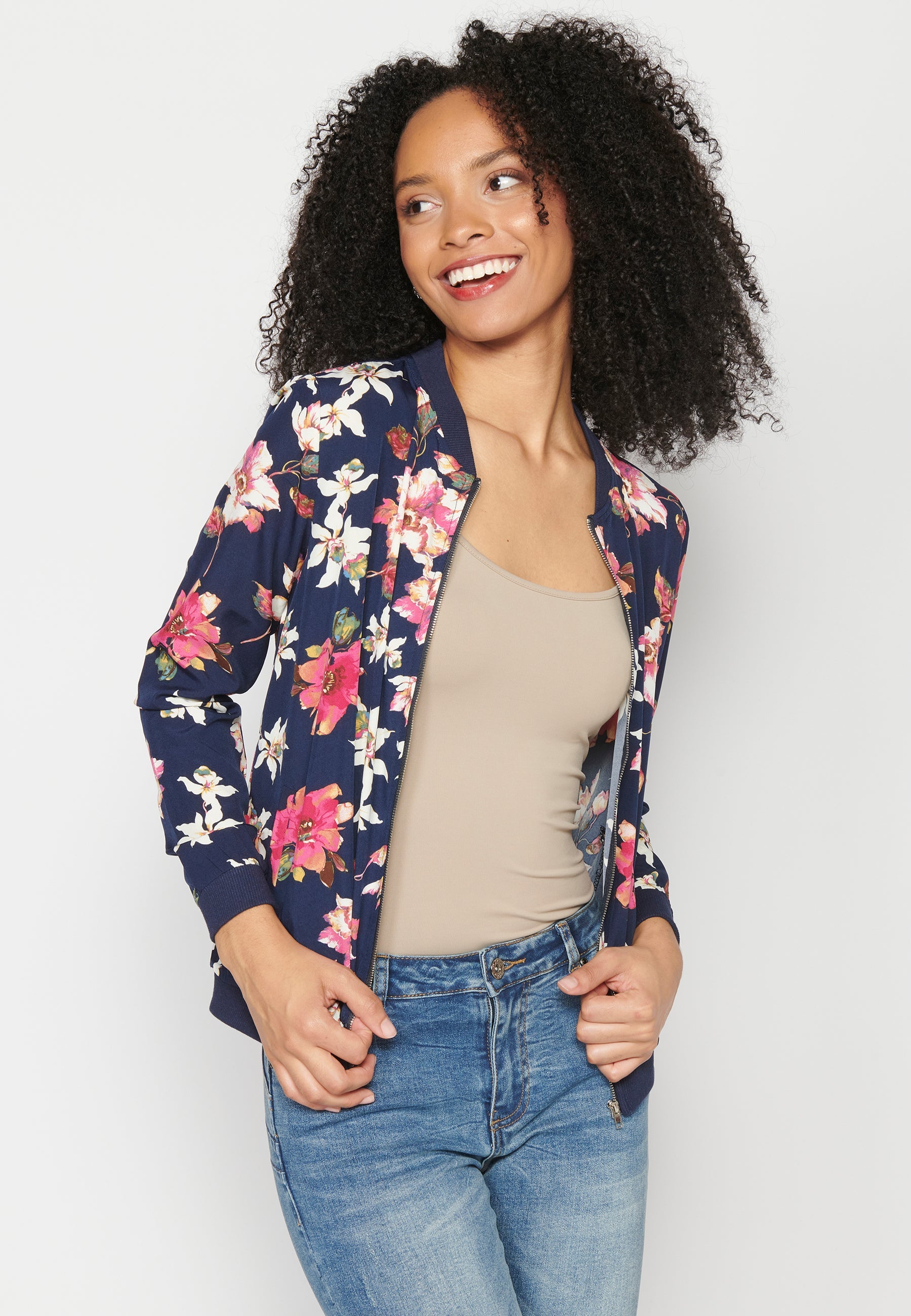 Blusa cremallera manga larga transparencia estampado floral mujer