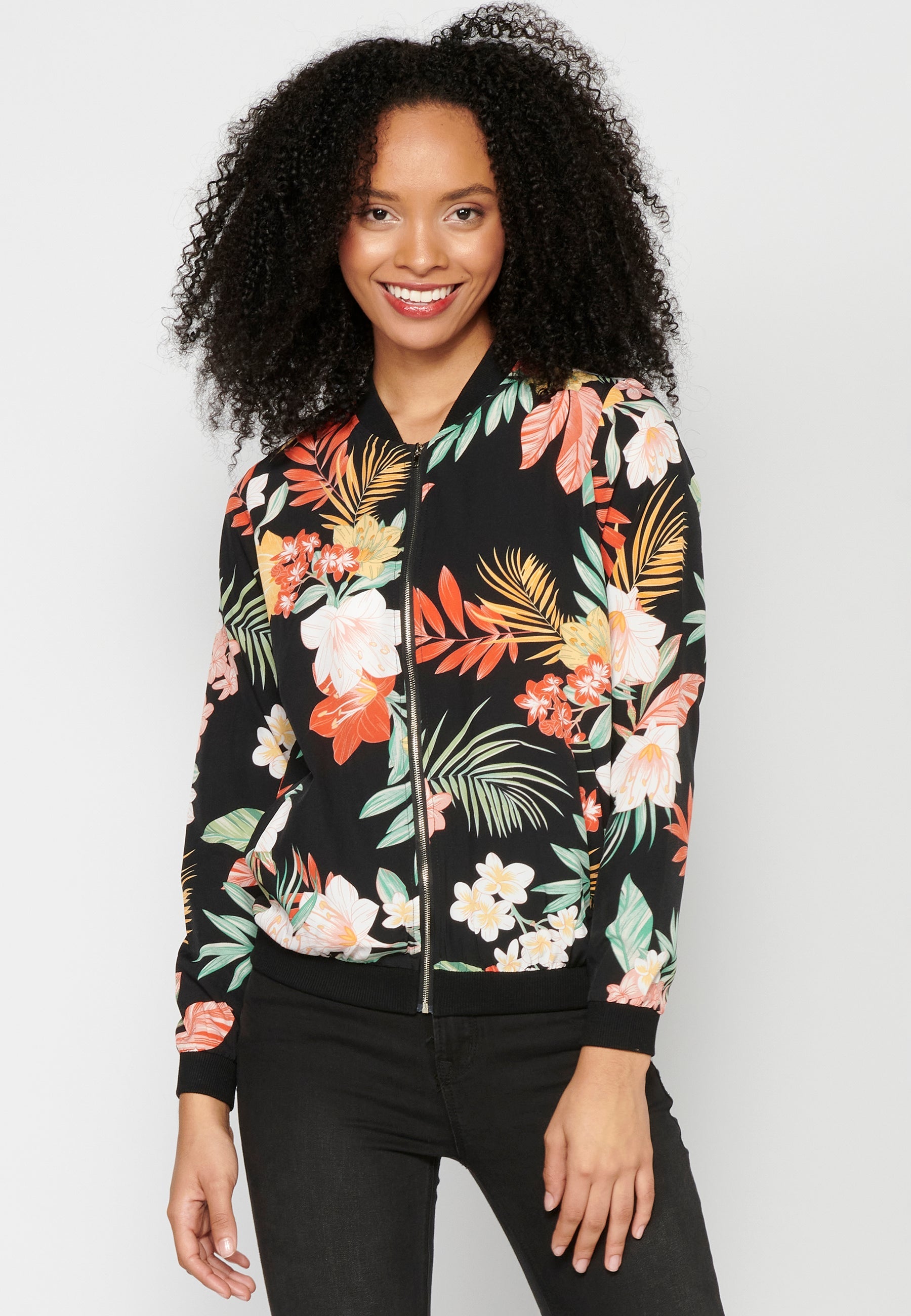 Blusa cremallera manga larga transparencia estampado floral mujer