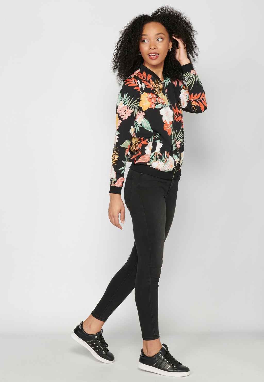 Blusa cremallera manga larga transparencia estampado floral mujer
