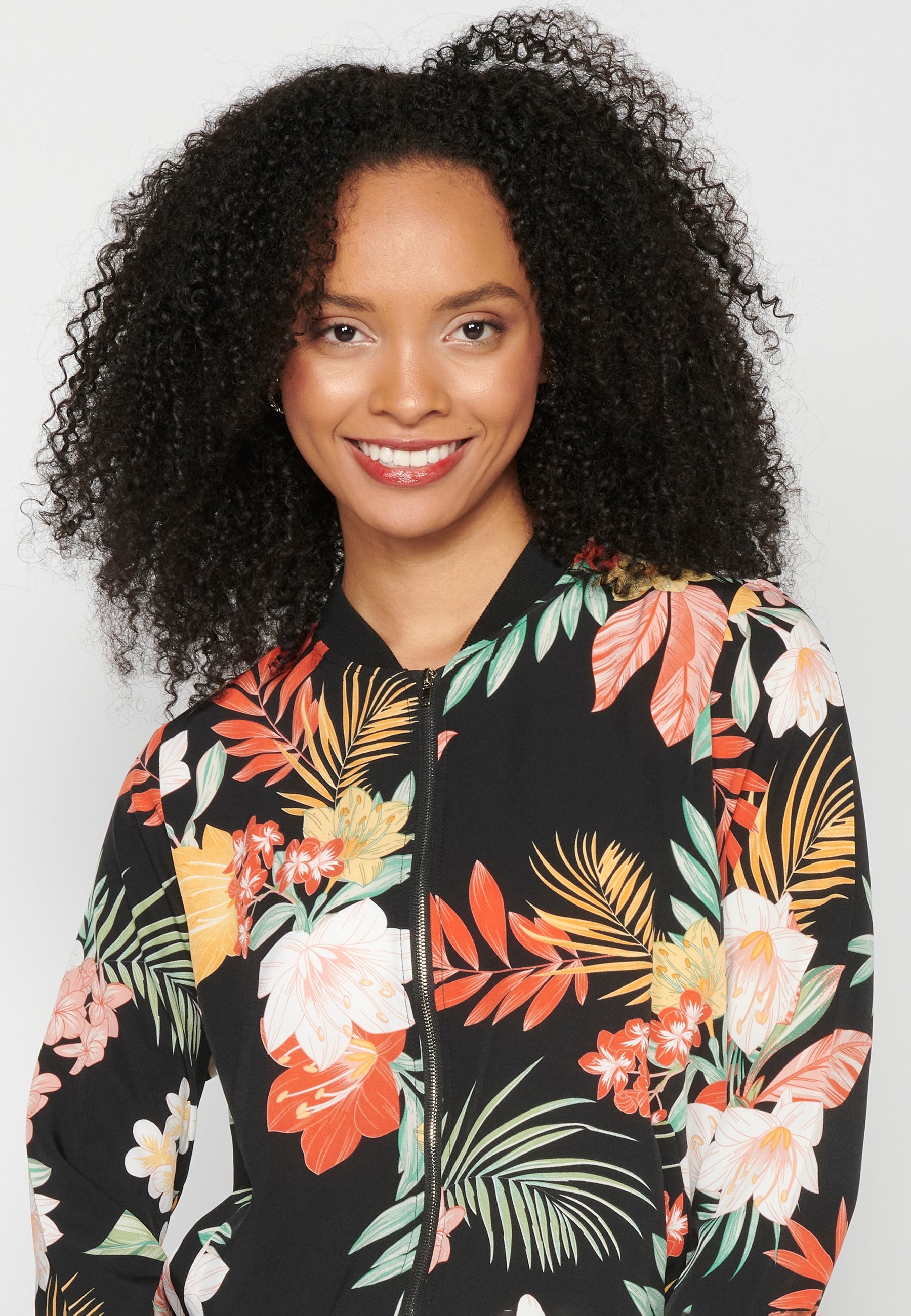 Blusa cremallera manga larga transparencia estampado floral mujer