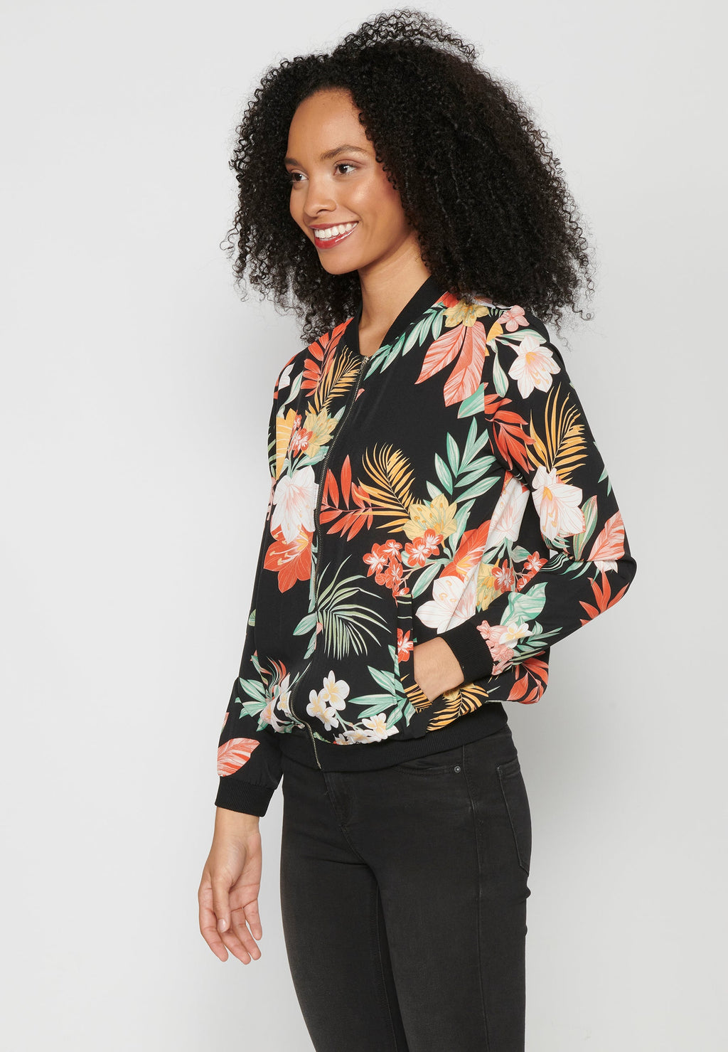 Blusa cremallera manga larga transparencia estampado floral mujer