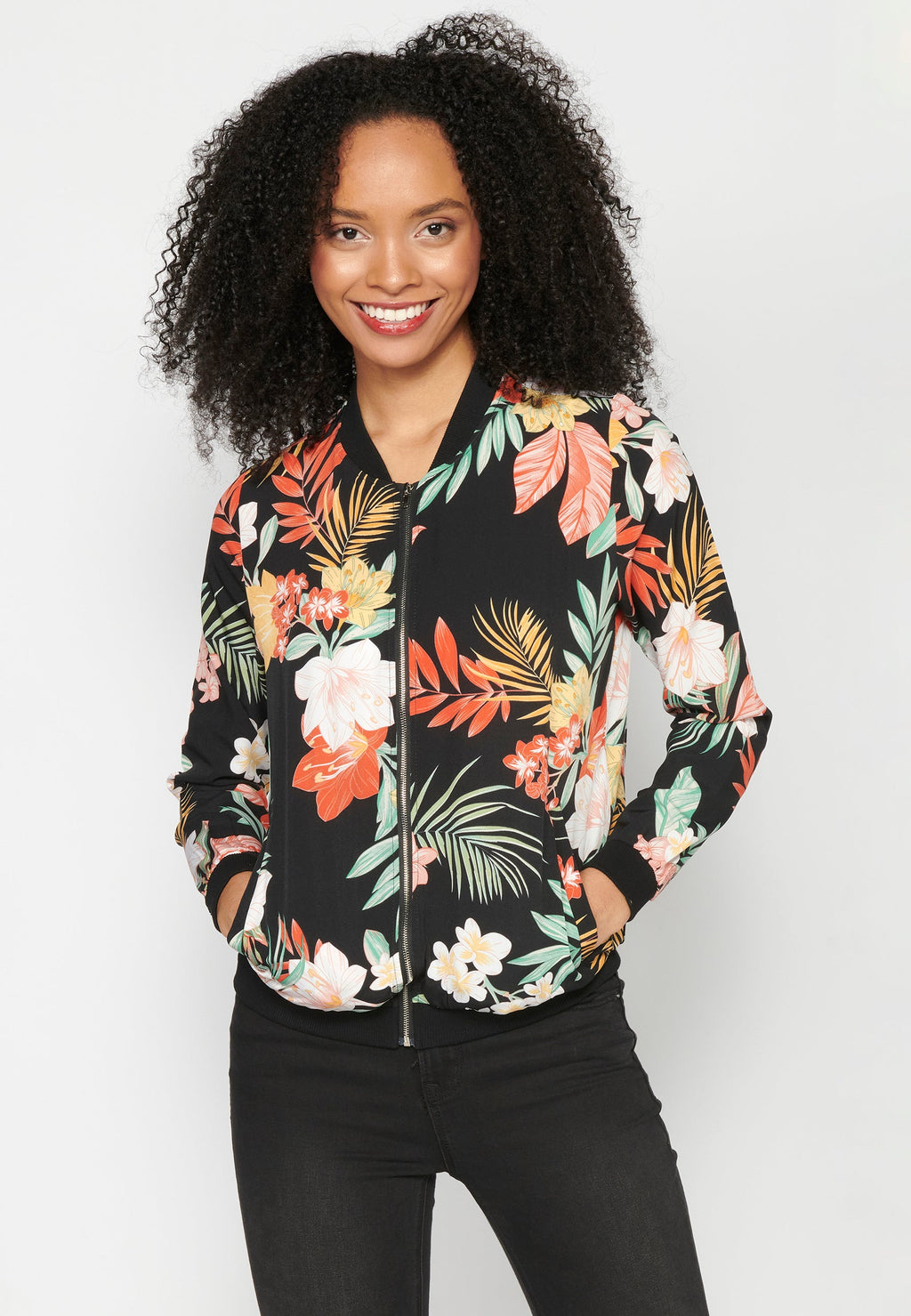 Blusa cremallera manga larga transparencia estampado floral mujer