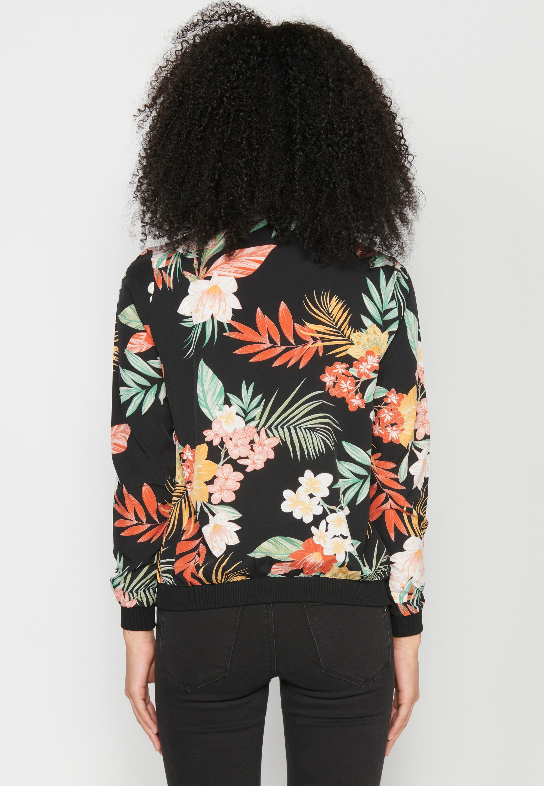 Blusa cremallera manga larga transparencia estampado floral mujer