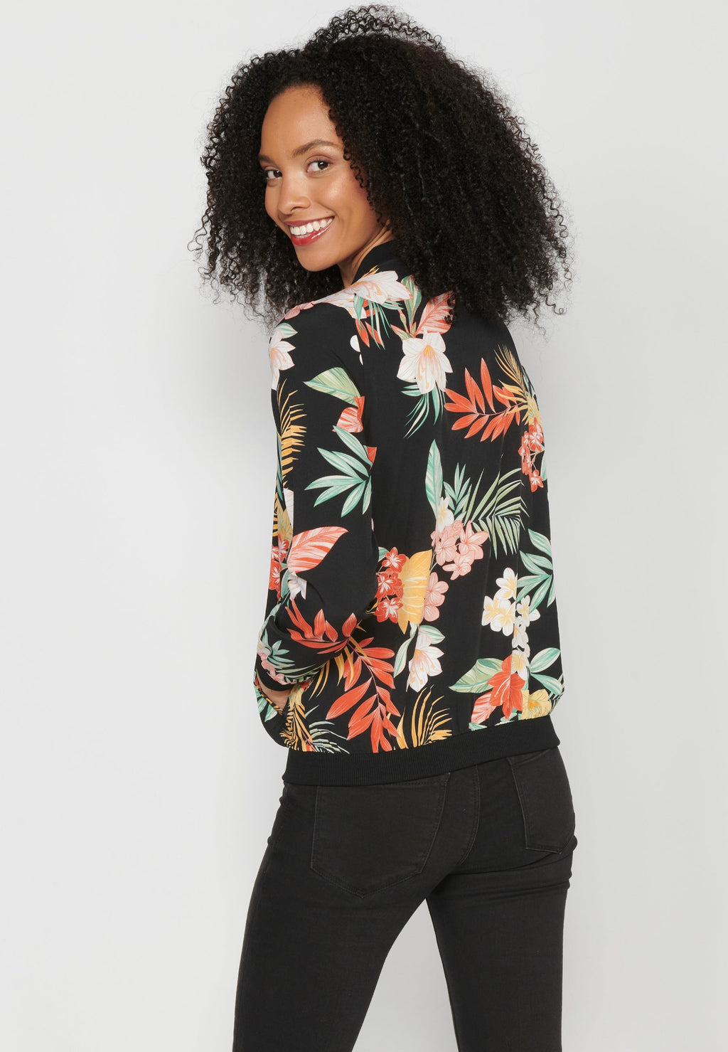 Blusa cremallera manga larga transparencia estampado floral mujer