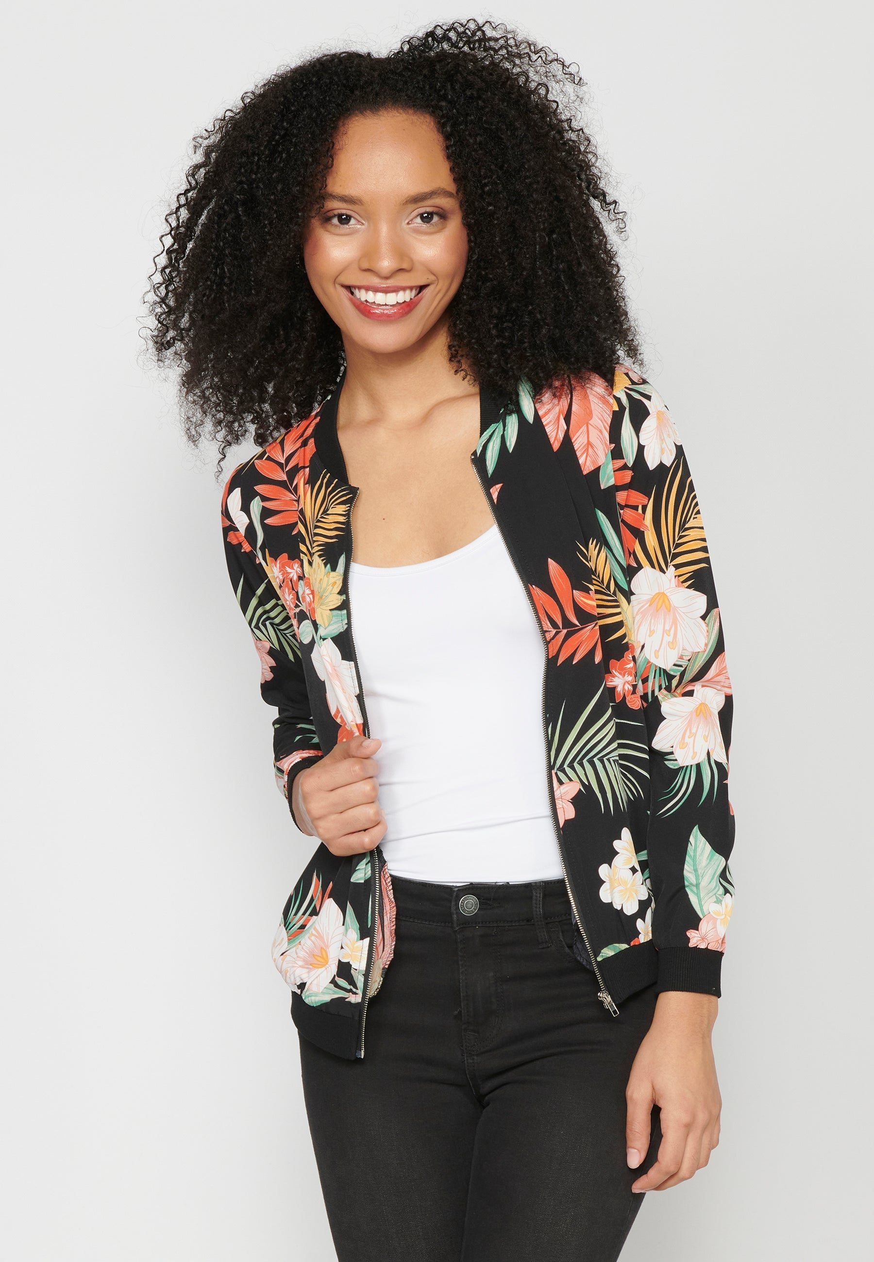 Blusa cremallera manga larga transparencia estampado floral mujer