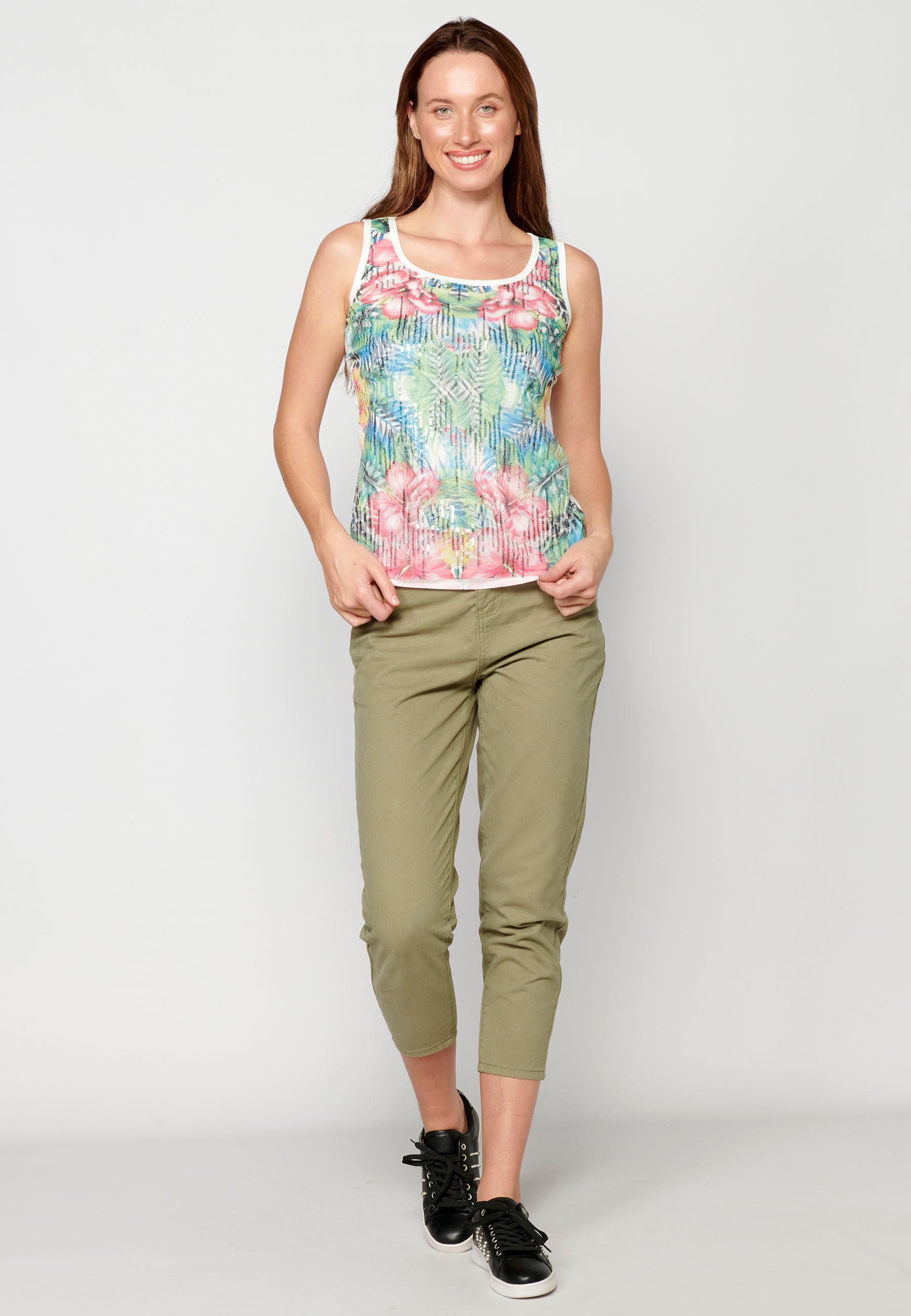 Camiseta top tirantes con estampado floral para mujer | moda actual