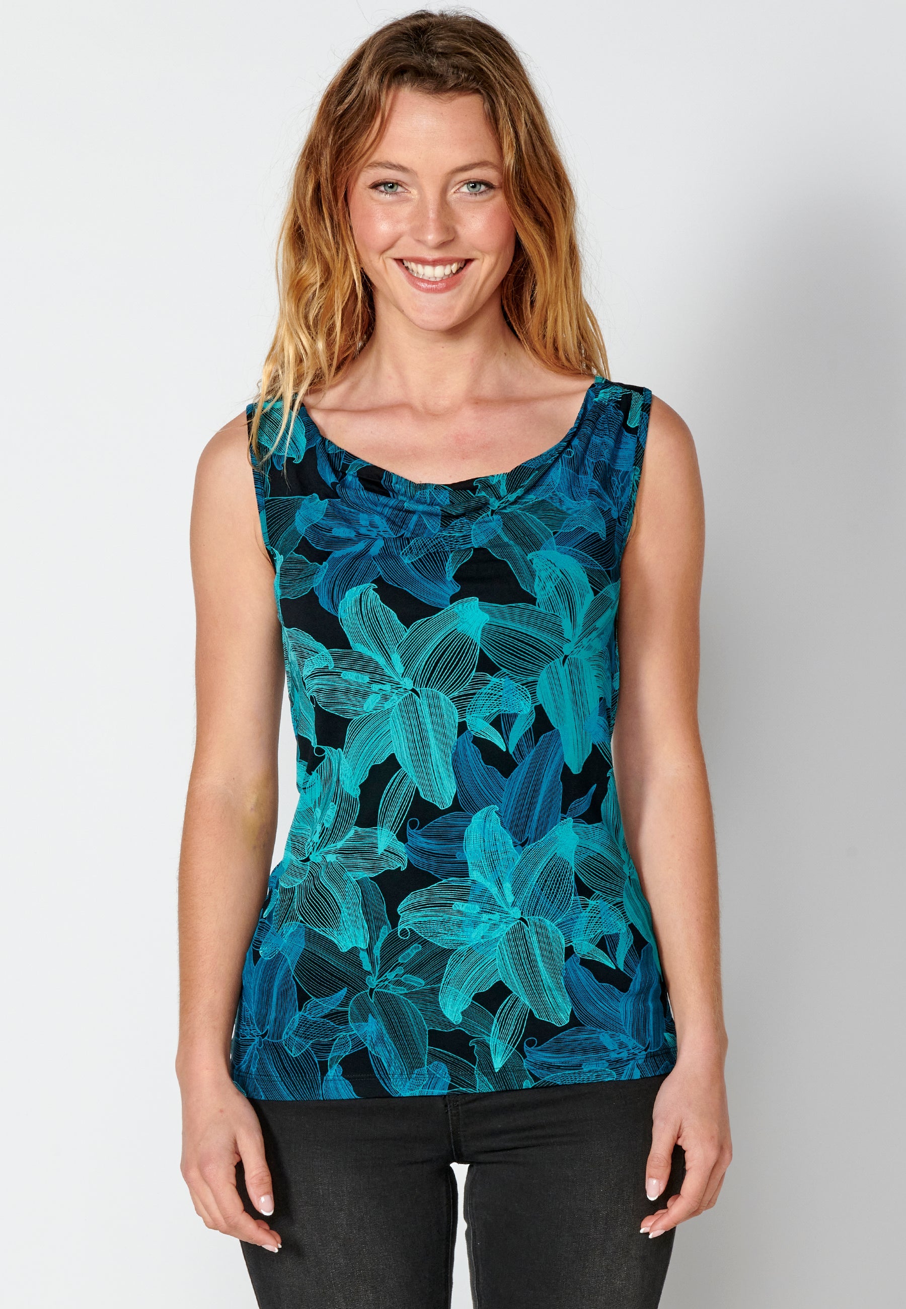 Camiseta top sin mangas estampado floral para mujer | moda actual