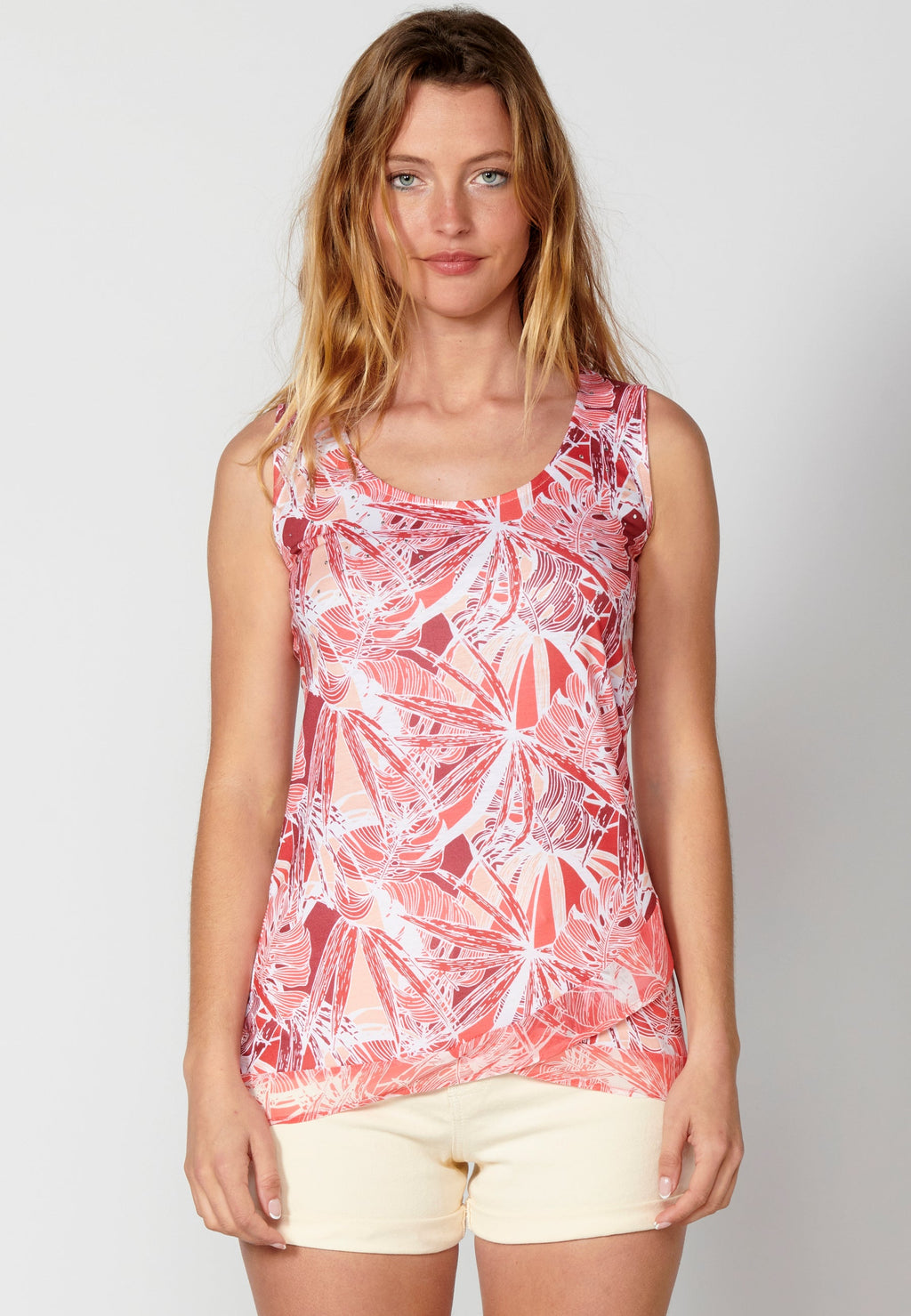 Camiseta top sin mangas estampado tropical para mujer | moda actual