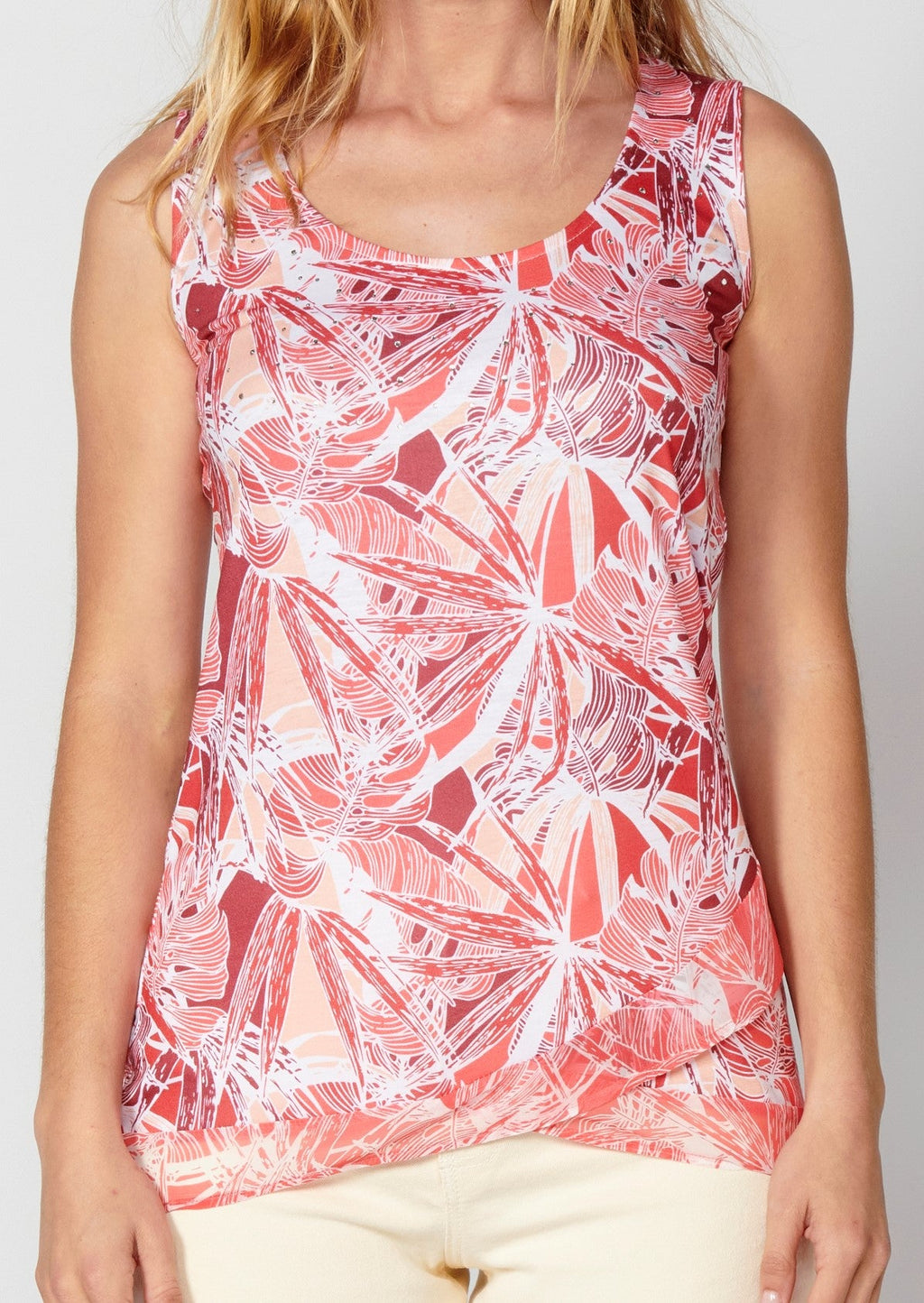 Camiseta top sin mangas estampado tropical para mujer | moda actual