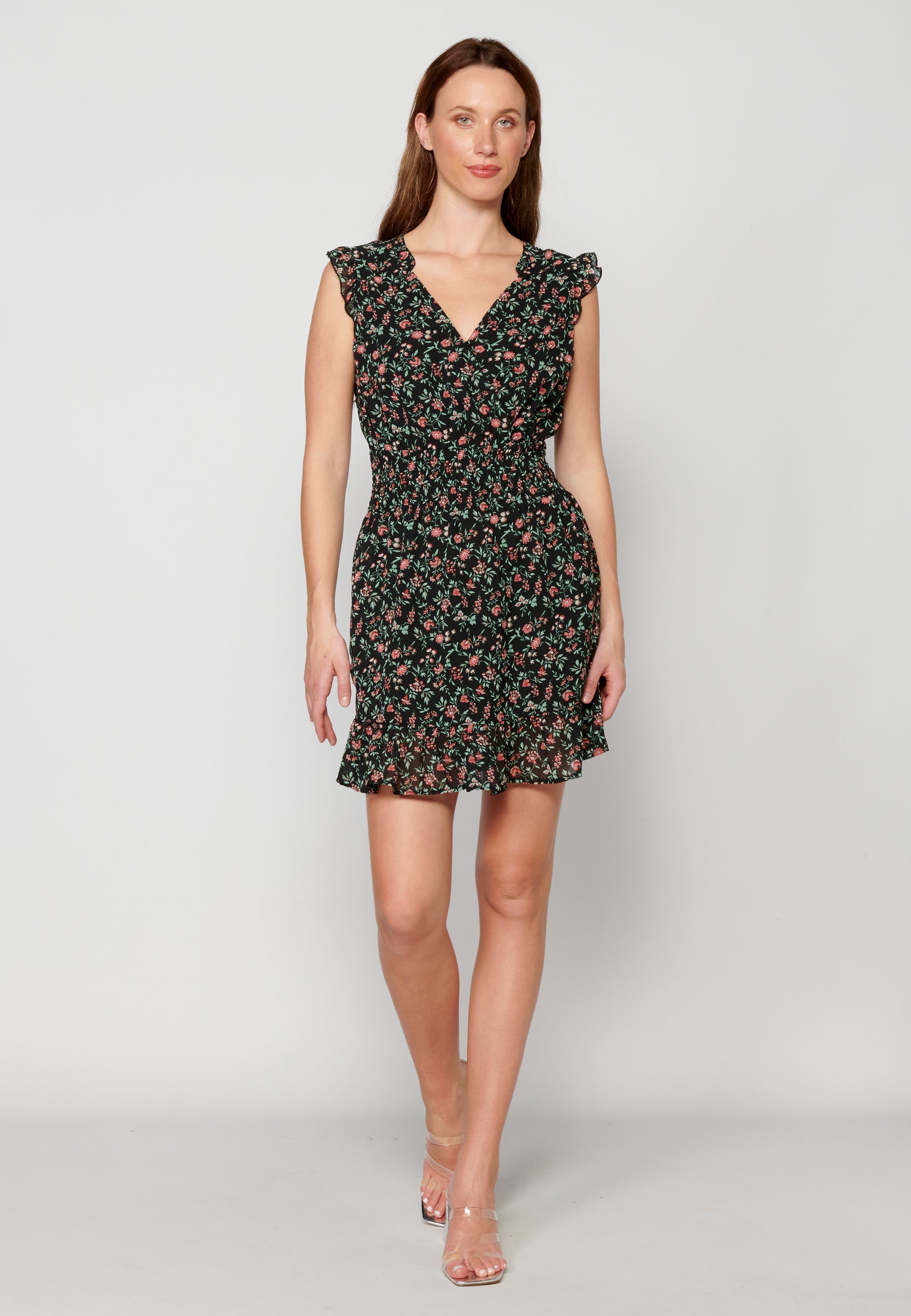 Vestido corto fluido de manga corta con estampado floral para mujer | moda actual
