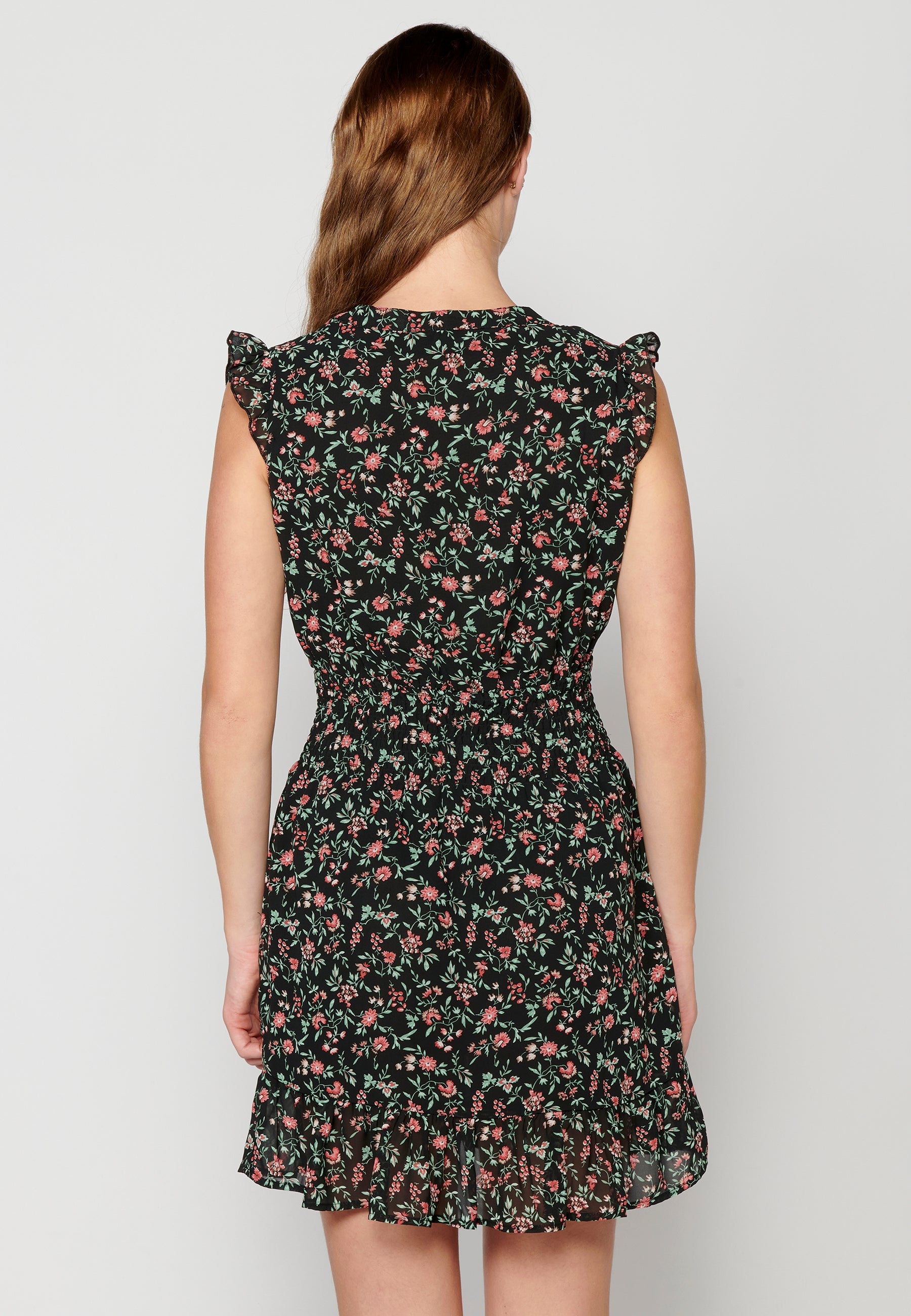 Vestido corto fluido de manga corta con estampado floral para mujer | moda actual