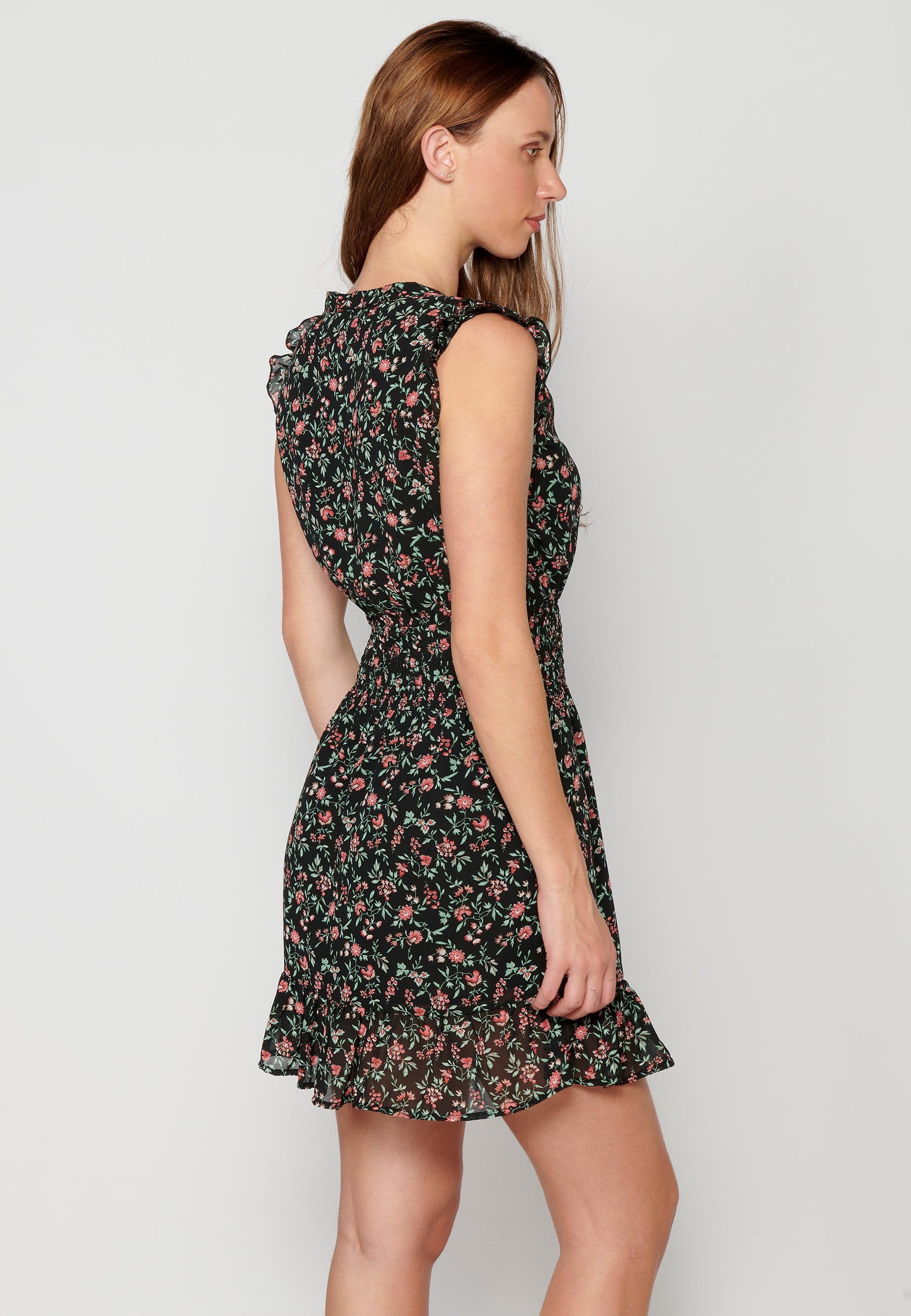 Vestido corto fluido de manga corta con estampado floral para mujer | moda actual