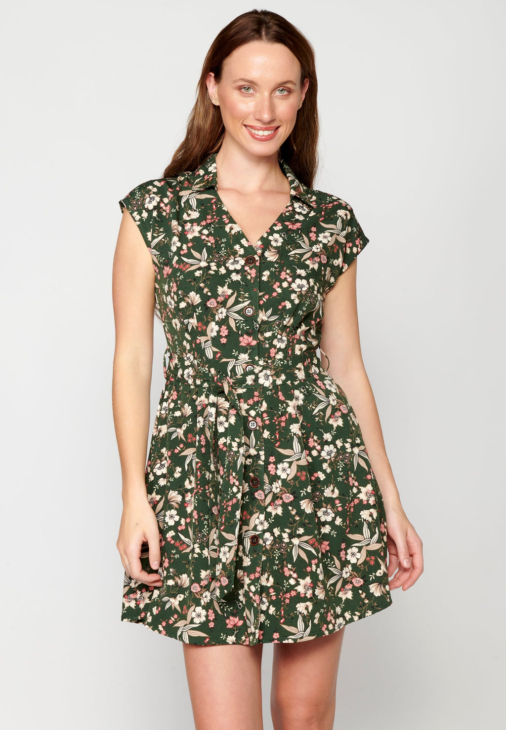 Vestido corto de manga corta con cinturón de tela para mujer | moda actual
