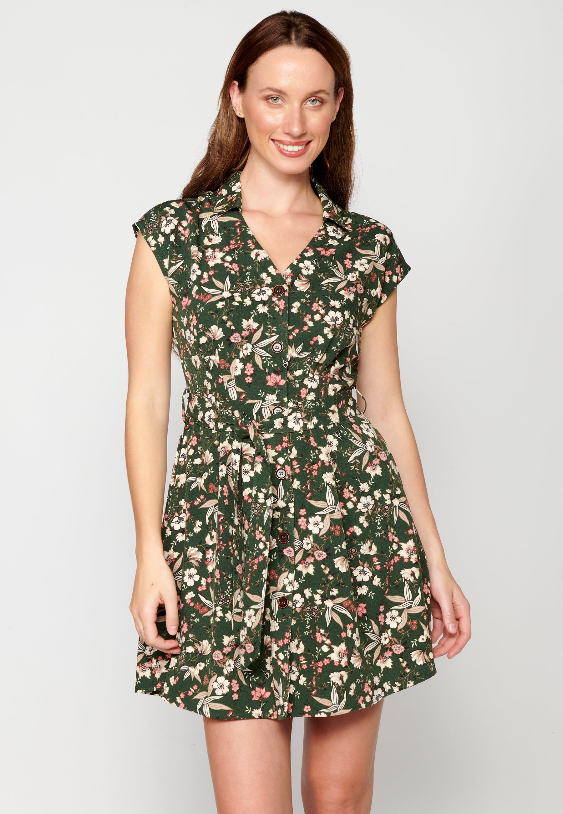 Vestido corto de manga corta con cinturón de tela para mujer | moda actual