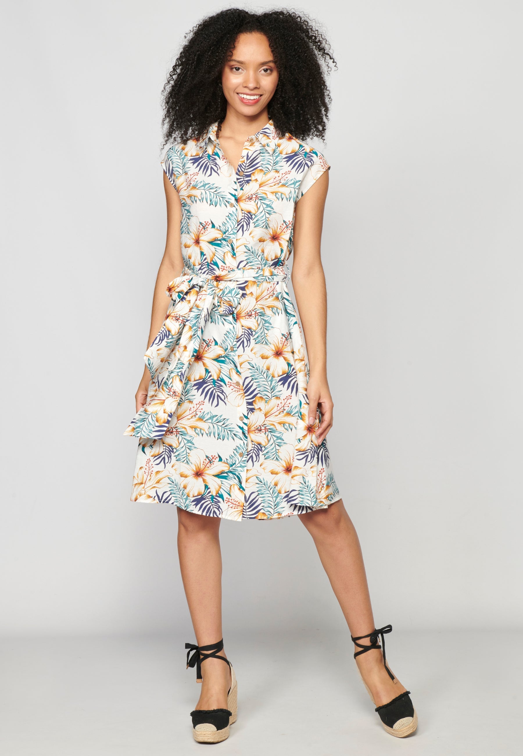 Vestido midi de manga corta estampado tropical floral para mujer | moda actual