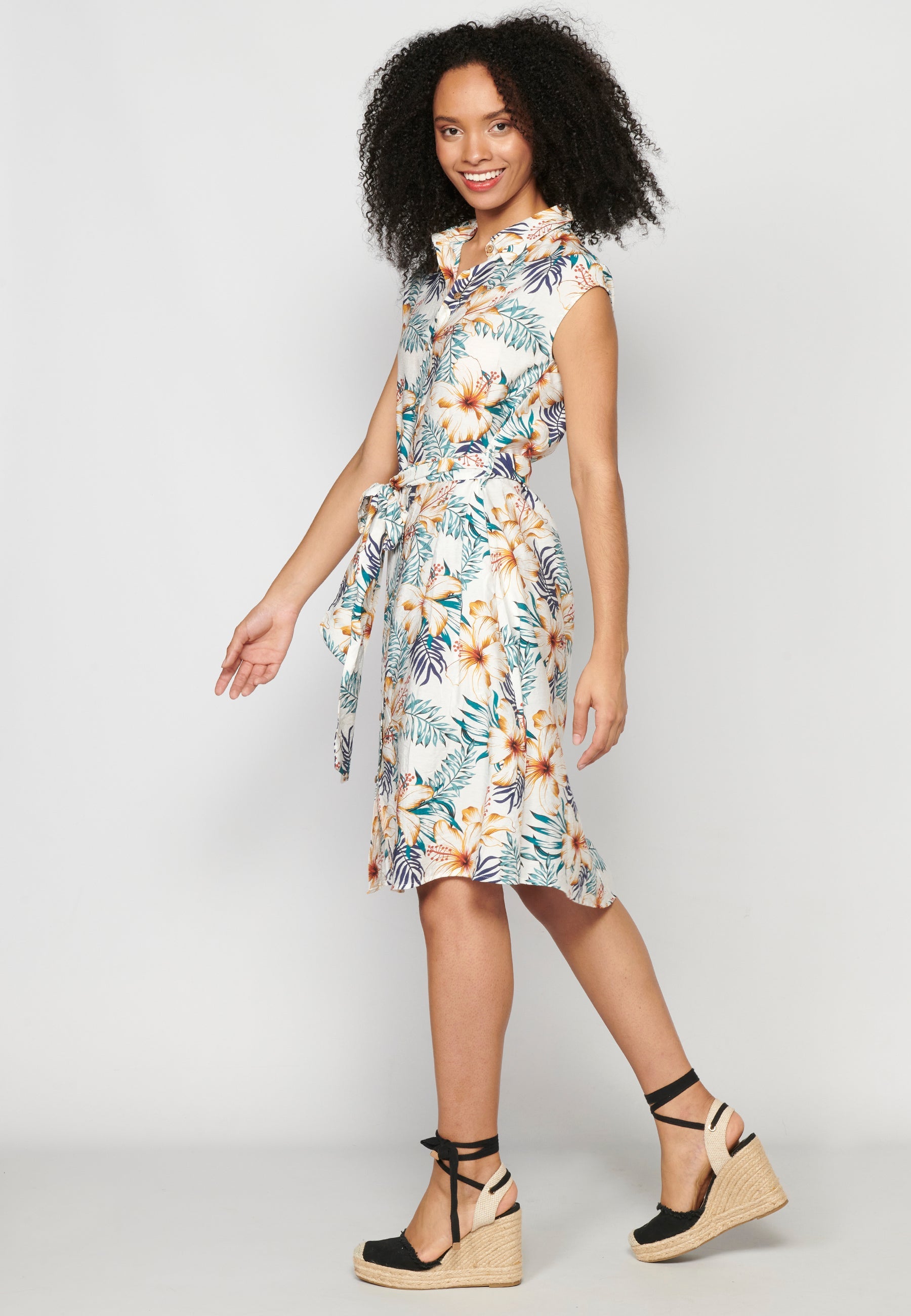 Vestido midi de manga corta estampado tropical floral para mujer | moda actual