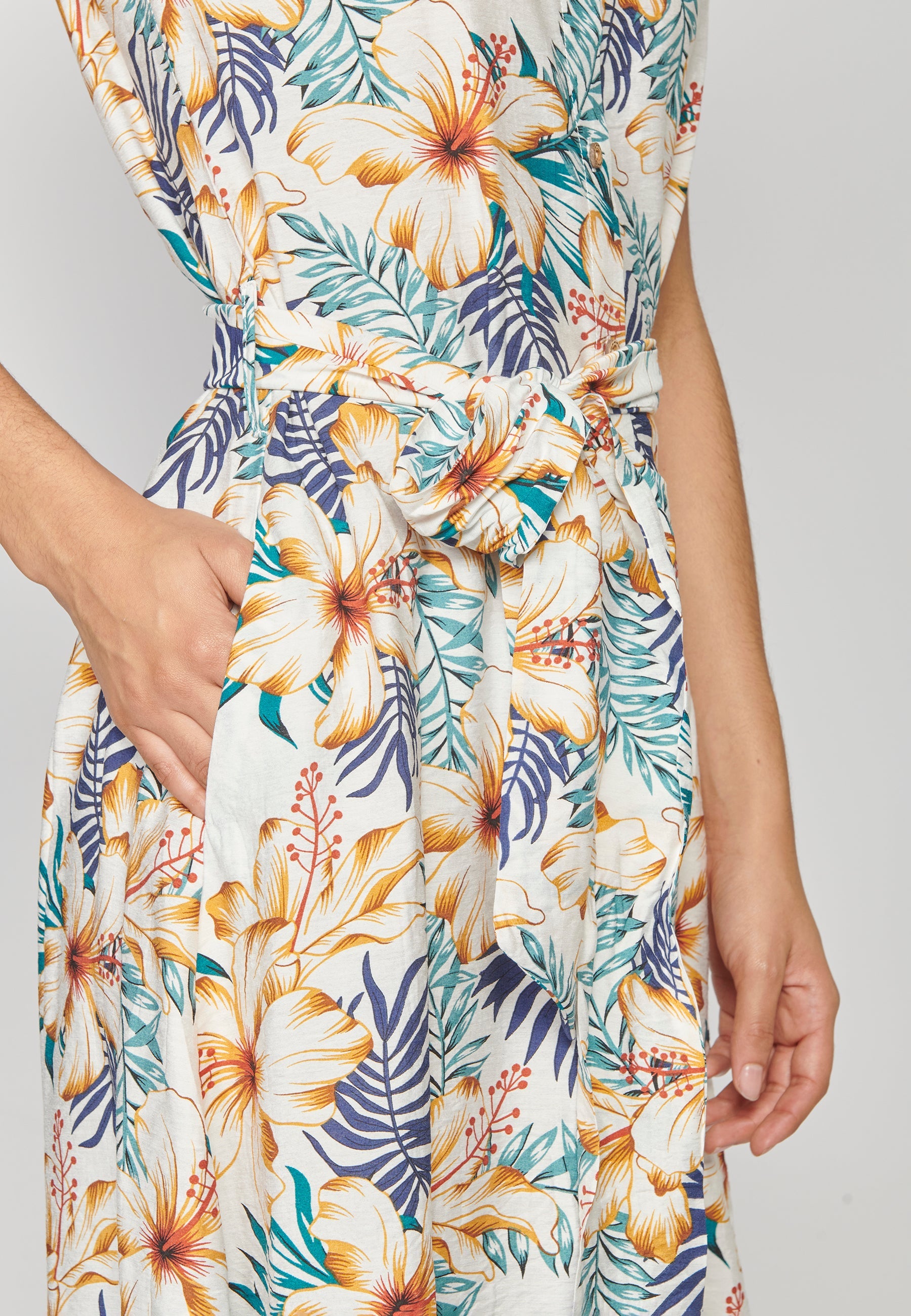 Vestido midi de manga corta estampado tropical floral para mujer | moda actual