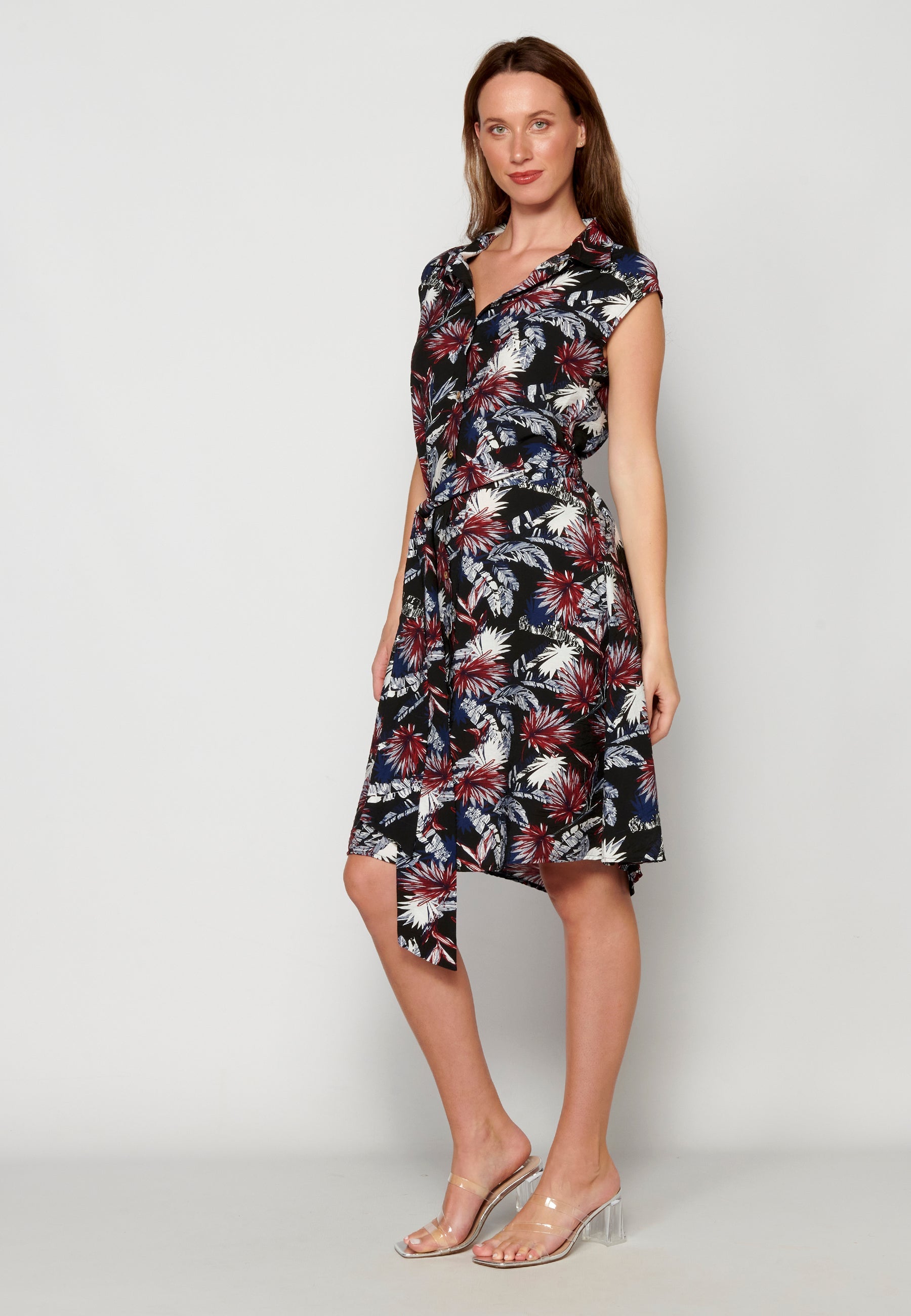 Vestido midi de manga corta estampado tropical floral para mujer | moda actual