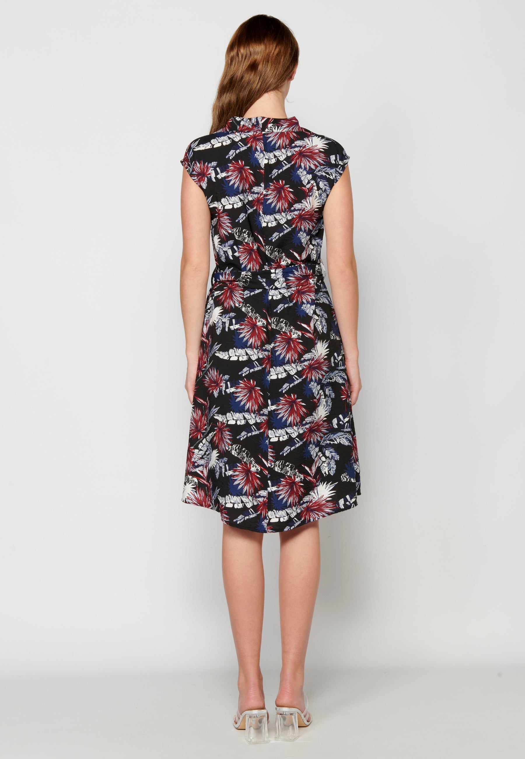 Vestido midi de manga corta estampado tropical floral para mujer | moda actual