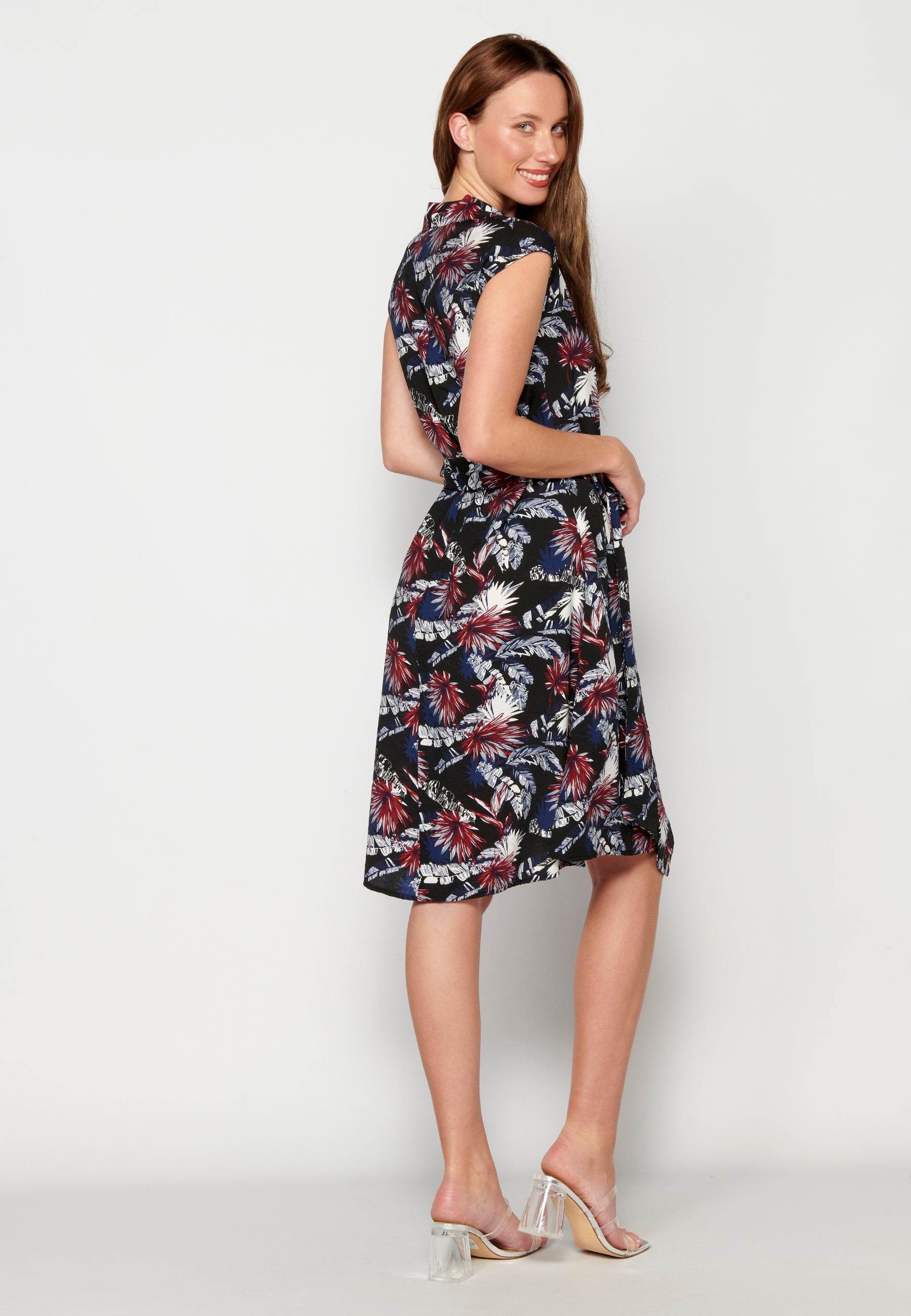 Vestido midi de manga corta estampado tropical floral para mujer | moda actual