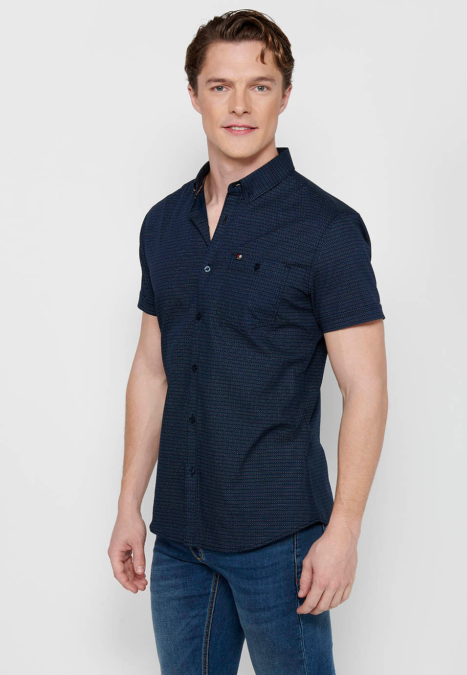 Camisa Hombre Manga Corta Algodón Micro Estampado con Bolsillo – Koroshi 2411CC32