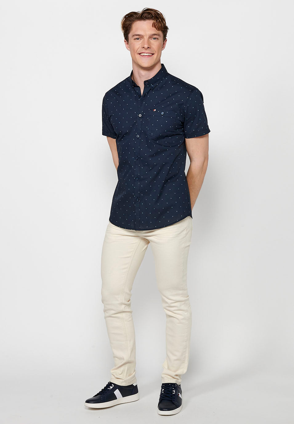 Camisa Hombre Manga Corta Algodón Micro Estampado con Bolsillo – Koroshi 2411CC32