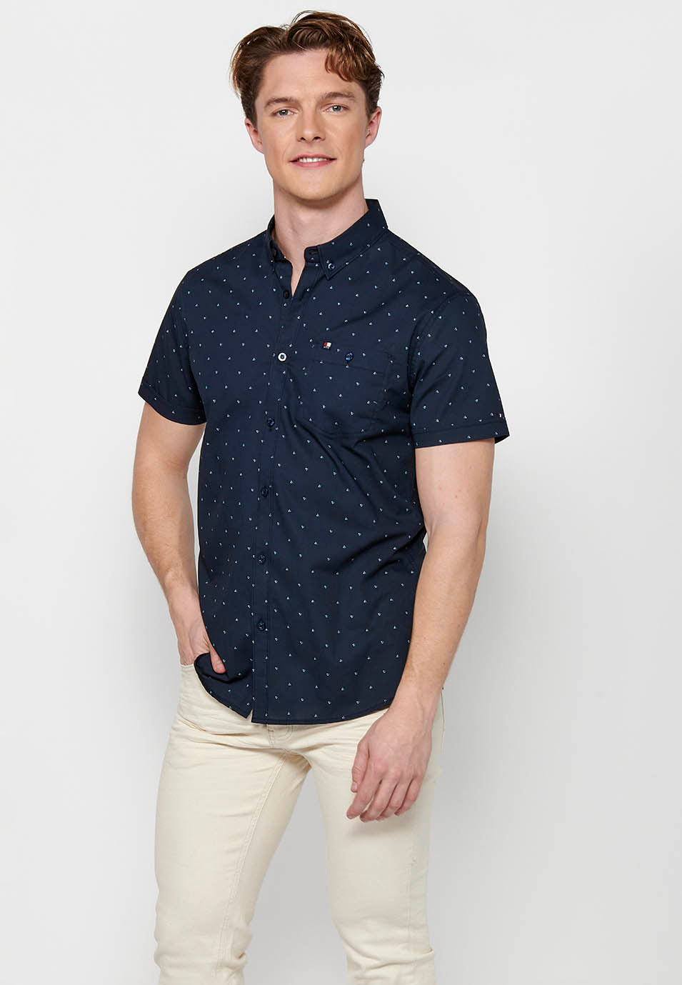Camisa Hombre Manga Corta Algodón Micro Estampado con Bolsillo – Koroshi 2411CC32
