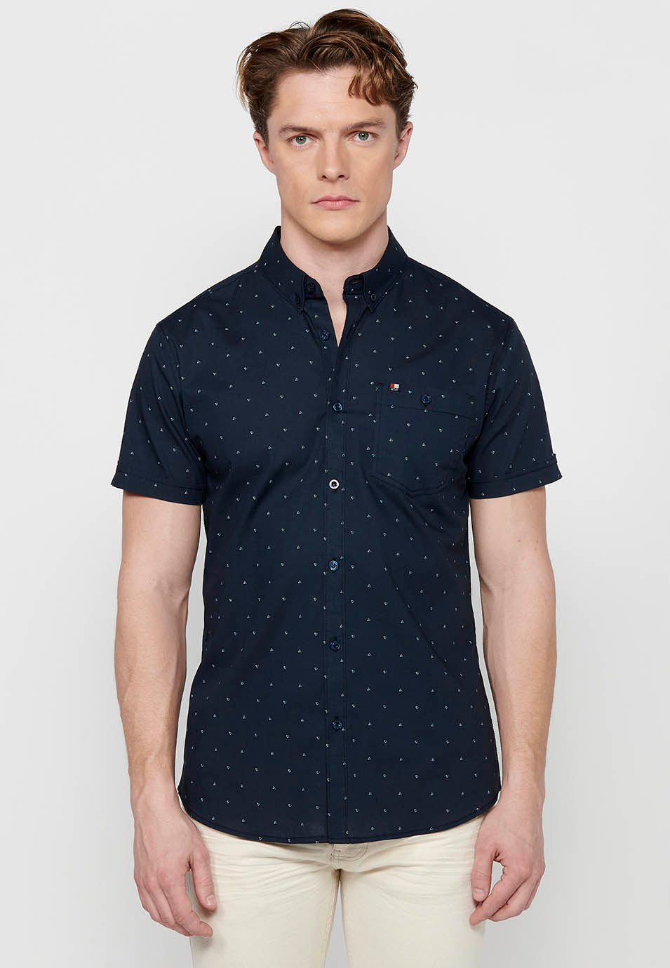 Camisa Hombre Manga Corta Algodón Micro Estampado con Bolsillo – Koroshi 2411CC32