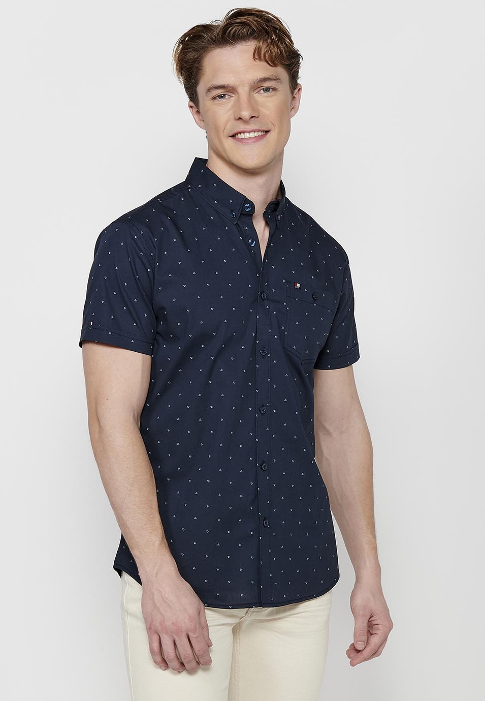Camisa Hombre Manga Corta Algodón Micro Estampado con Bolsillo – Koroshi 2411CC32