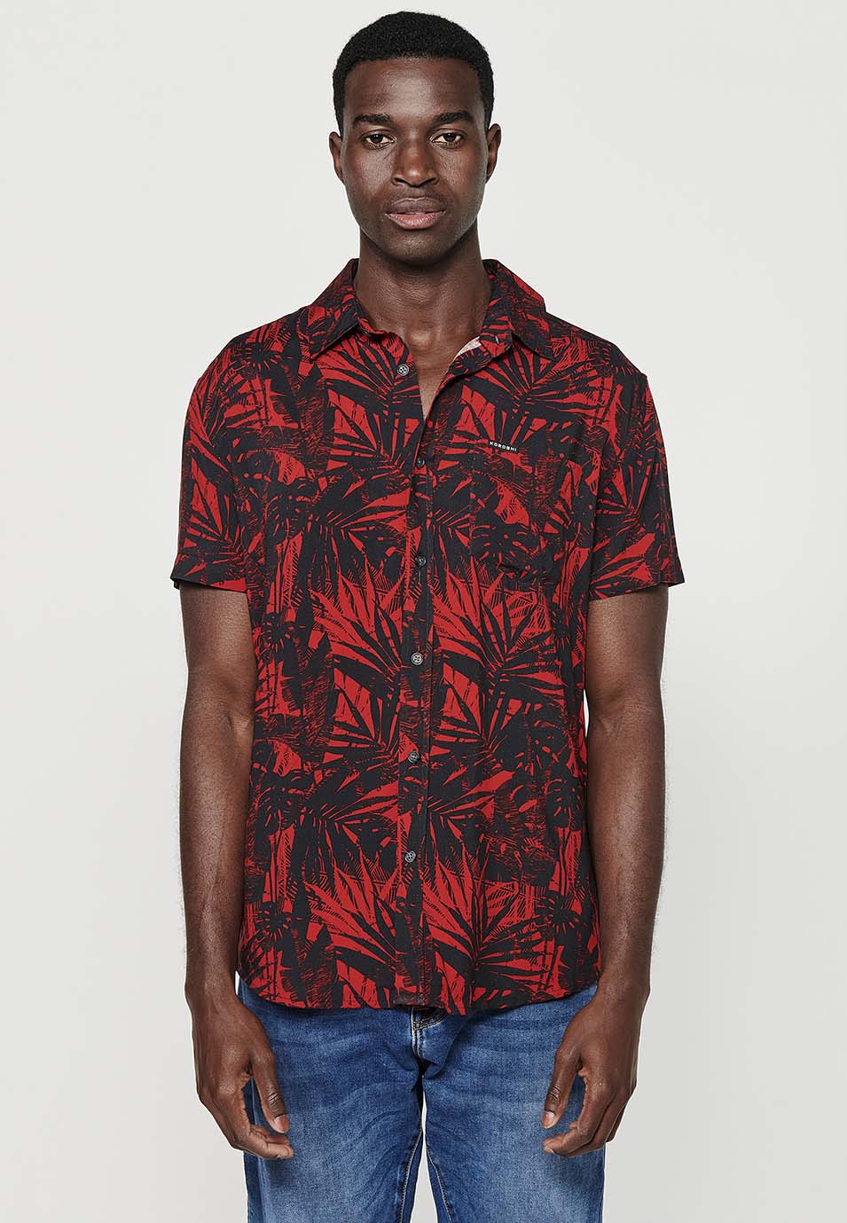 Camisa Hombre Manga Corta Estampado Tropical Cuello Cubano Viscosa – Koroshi 2411CC36