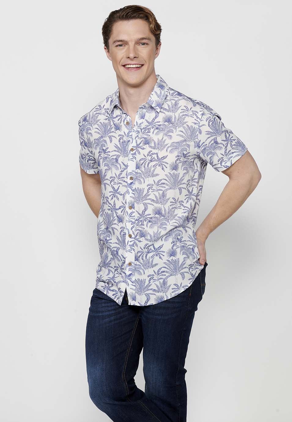 Camisa Hombre Manga Corta Estampado Palmeras Viscosa – Koroshi 2411CC44