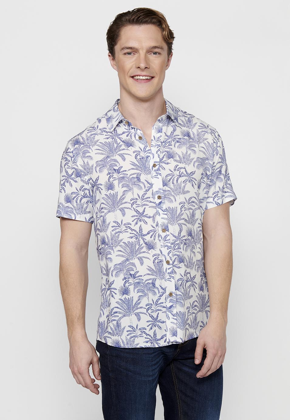 Camisa Hombre Manga Corta Estampado Palmeras Viscosa – Koroshi 2411CC44