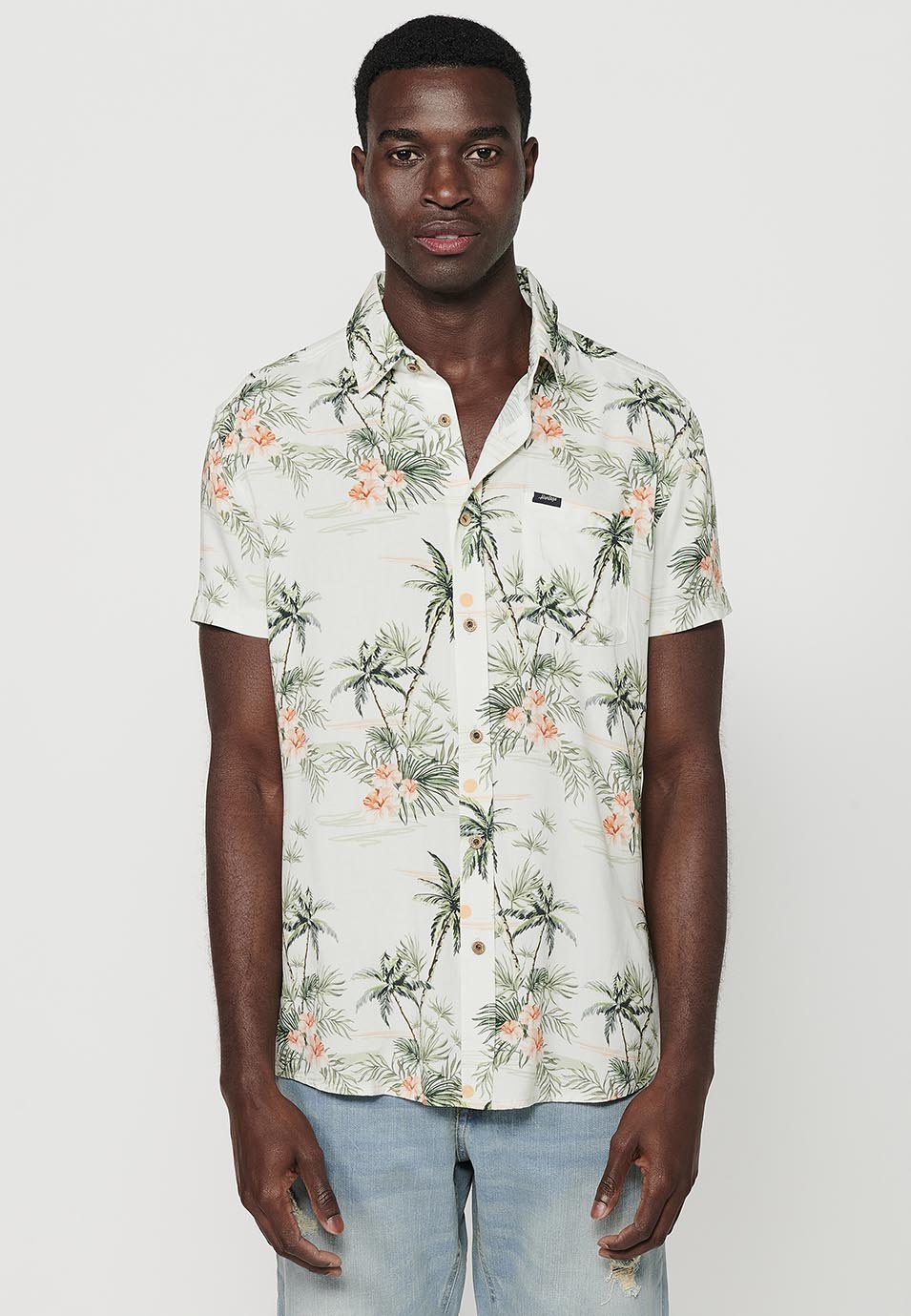 Camisa Hombre Manga Corta Estampado Tropical Viscosa – Koroshi 2411CC47