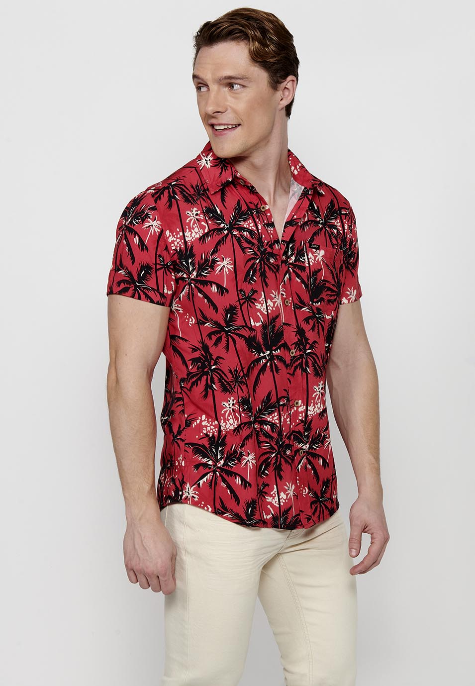 Camisa Hombre Manga Corta Estampado Tropical Viscosa – Koroshi 2411CC47