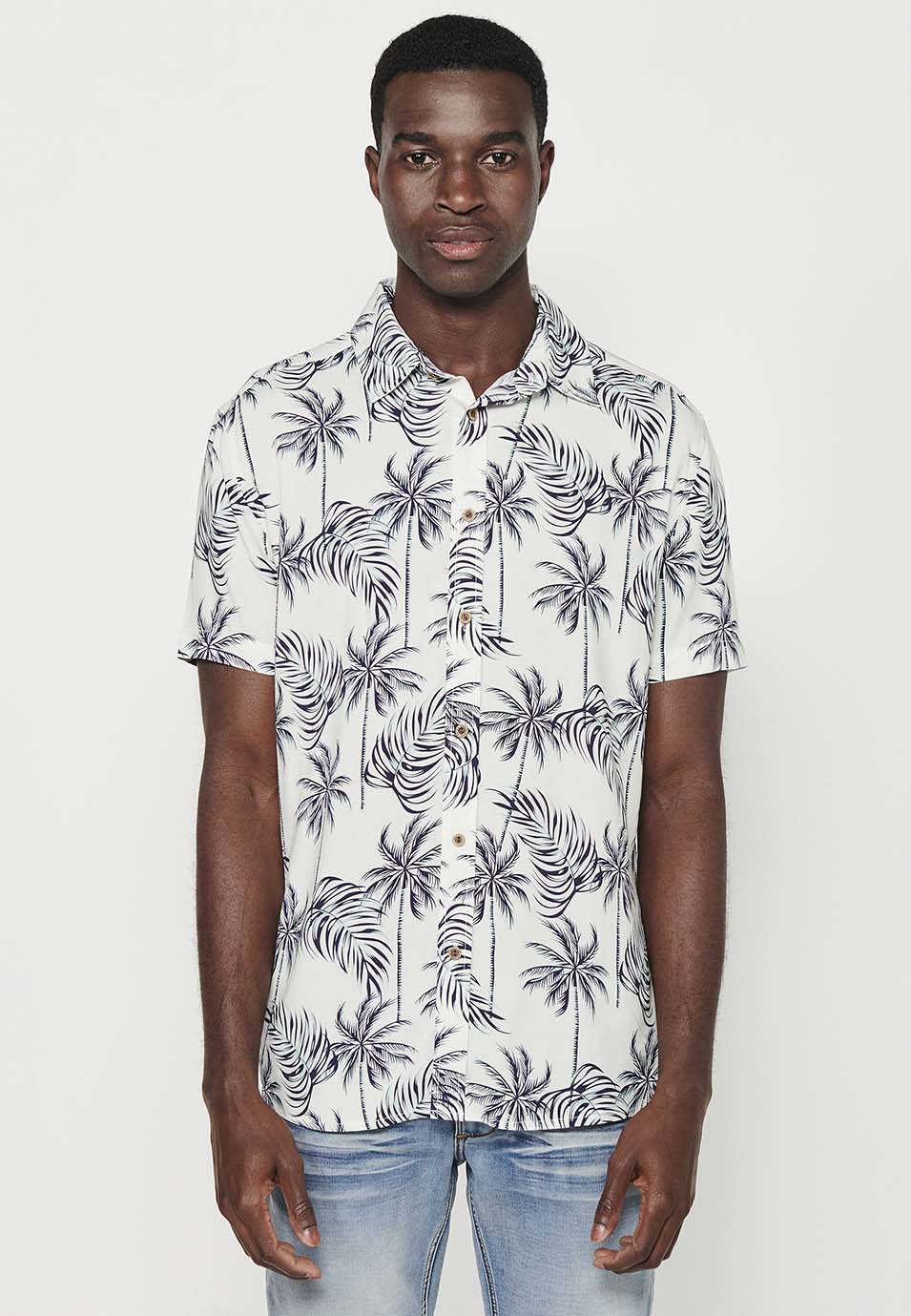 Camisa Hombre Manga Corta Estampado Tropical Palmeras Viscosa – Koroshi 2411CC50