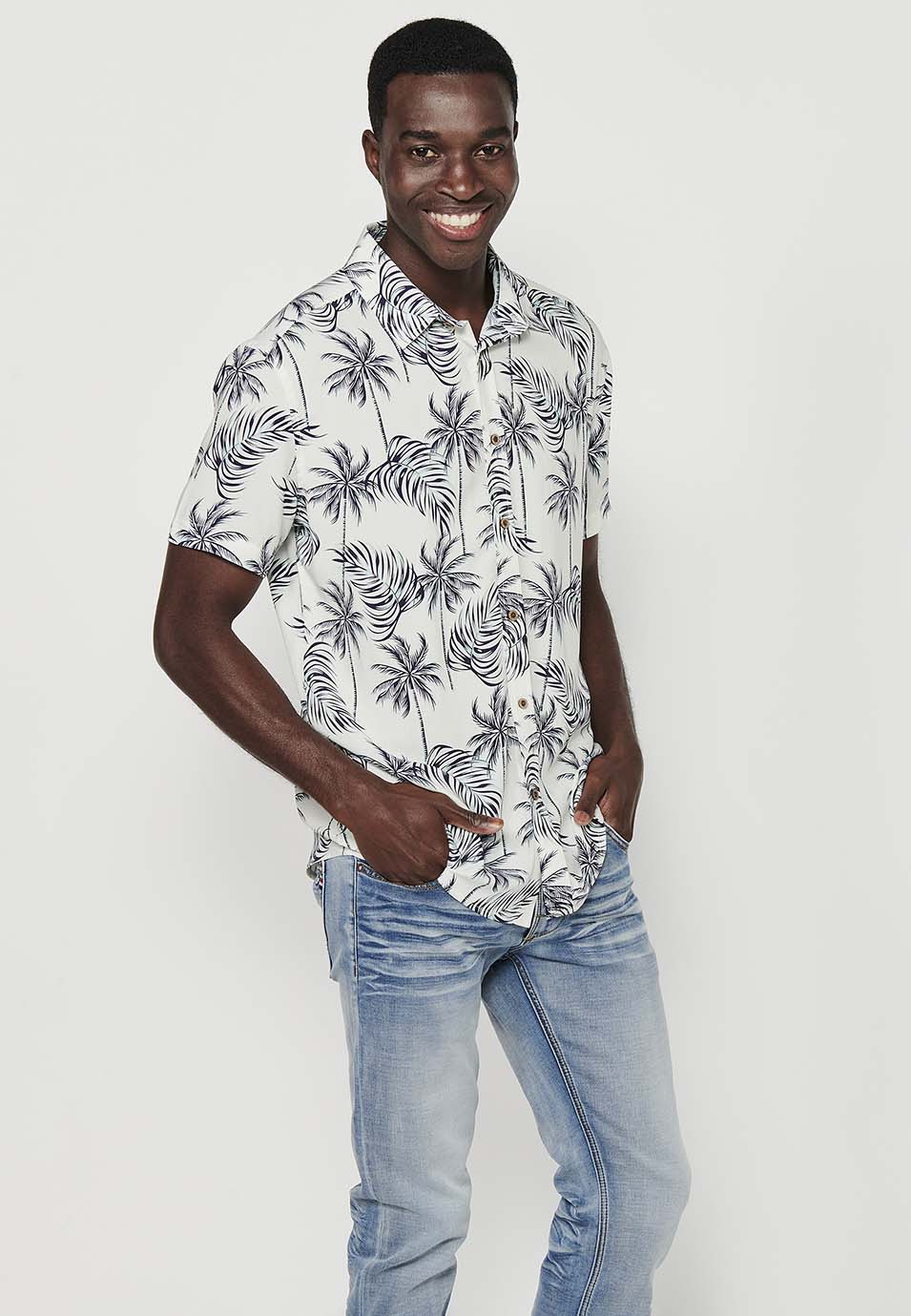 Camisa Hombre Manga Corta Estampado Tropical Palmeras Viscosa – Koroshi 2411CC50