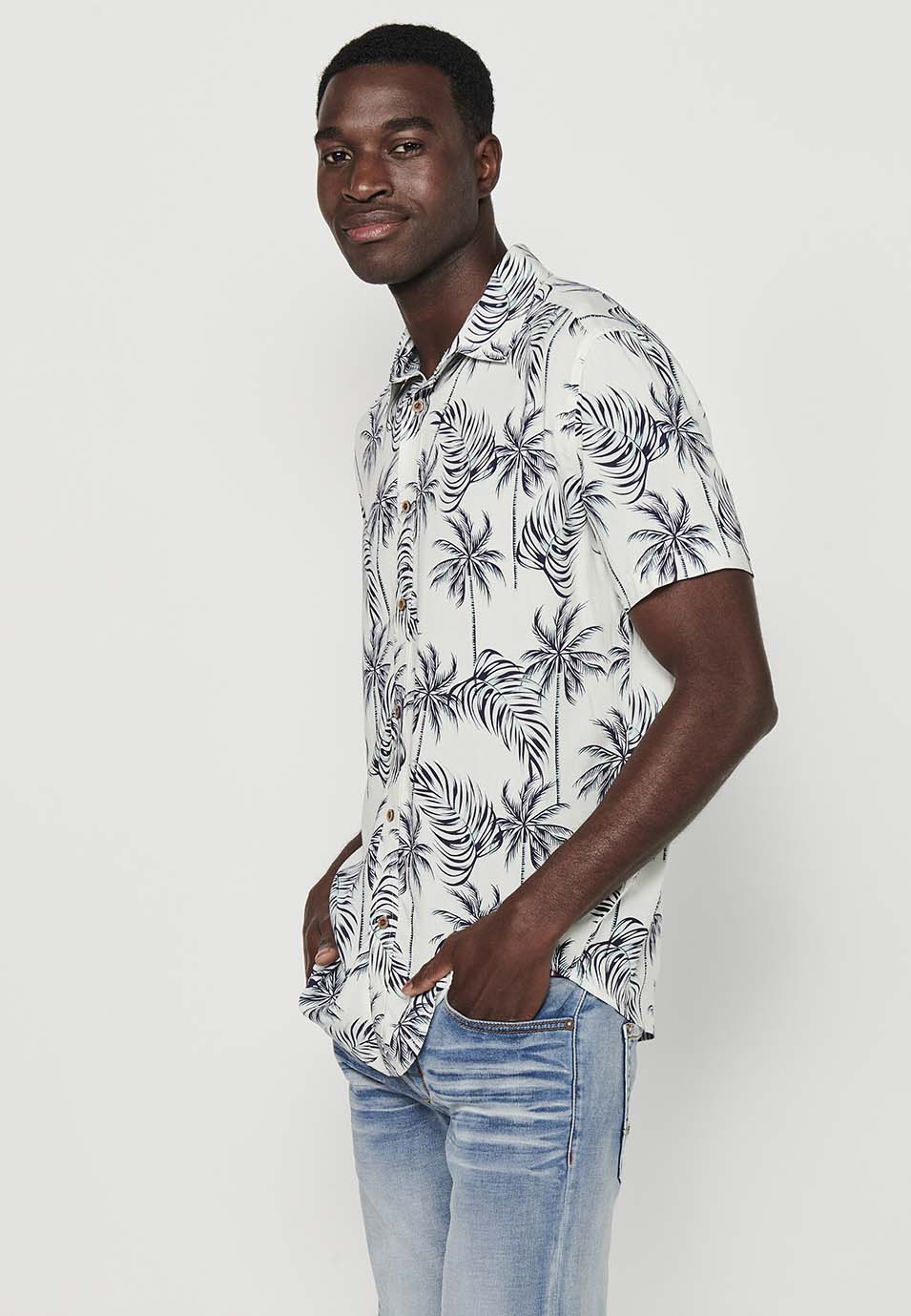 Camisa Hombre Manga Corta Estampado Tropical Palmeras Viscosa – Koroshi 2411CC50