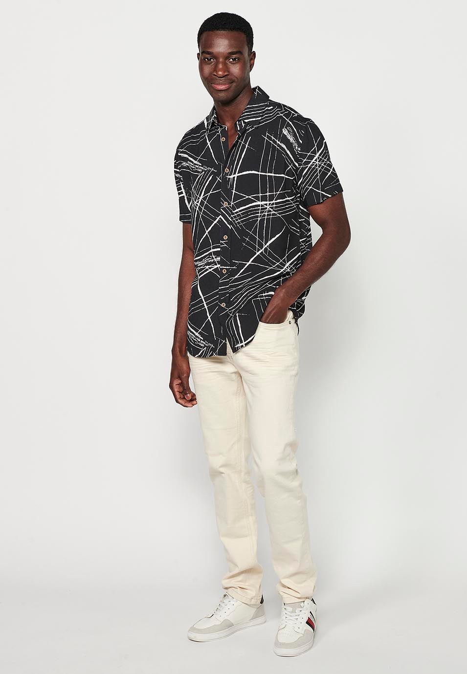 Camisa Hombre Manga Corta Estampado Tropical Palmeras Viscosa – Koroshi 2411CC50