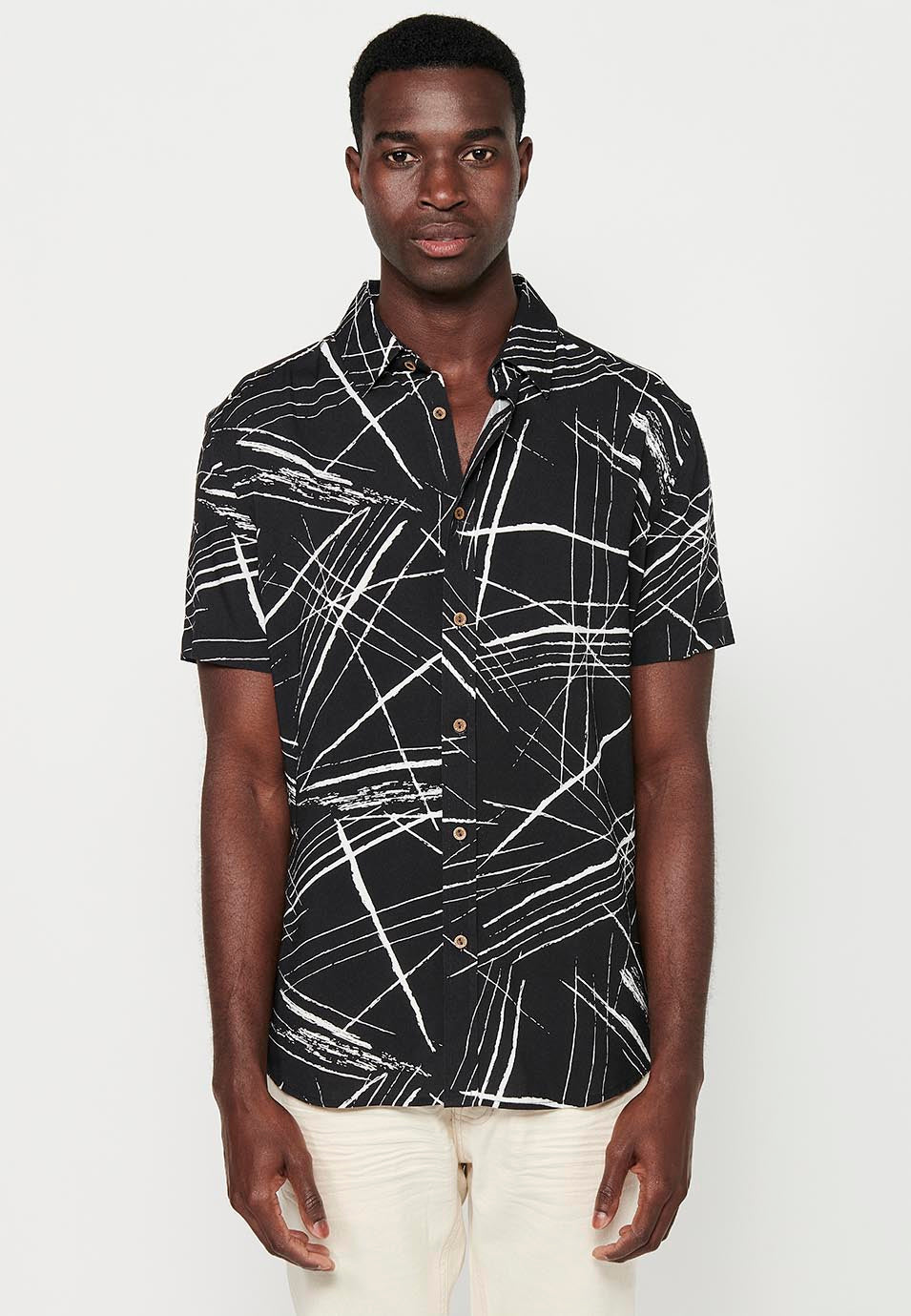 Camisa Hombre Manga Corta Estampado Tropical Palmeras Viscosa – Koroshi 2411CC50