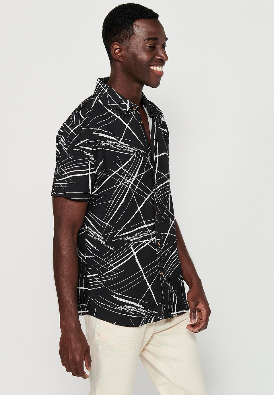 Camisa Hombre Manga Corta Estampado Tropical Palmeras Viscosa – Koroshi 2411CC50