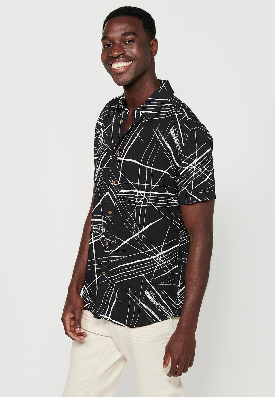 Camisa Hombre Manga Corta Estampado Tropical Palmeras Viscosa – Koroshi 2411CC50