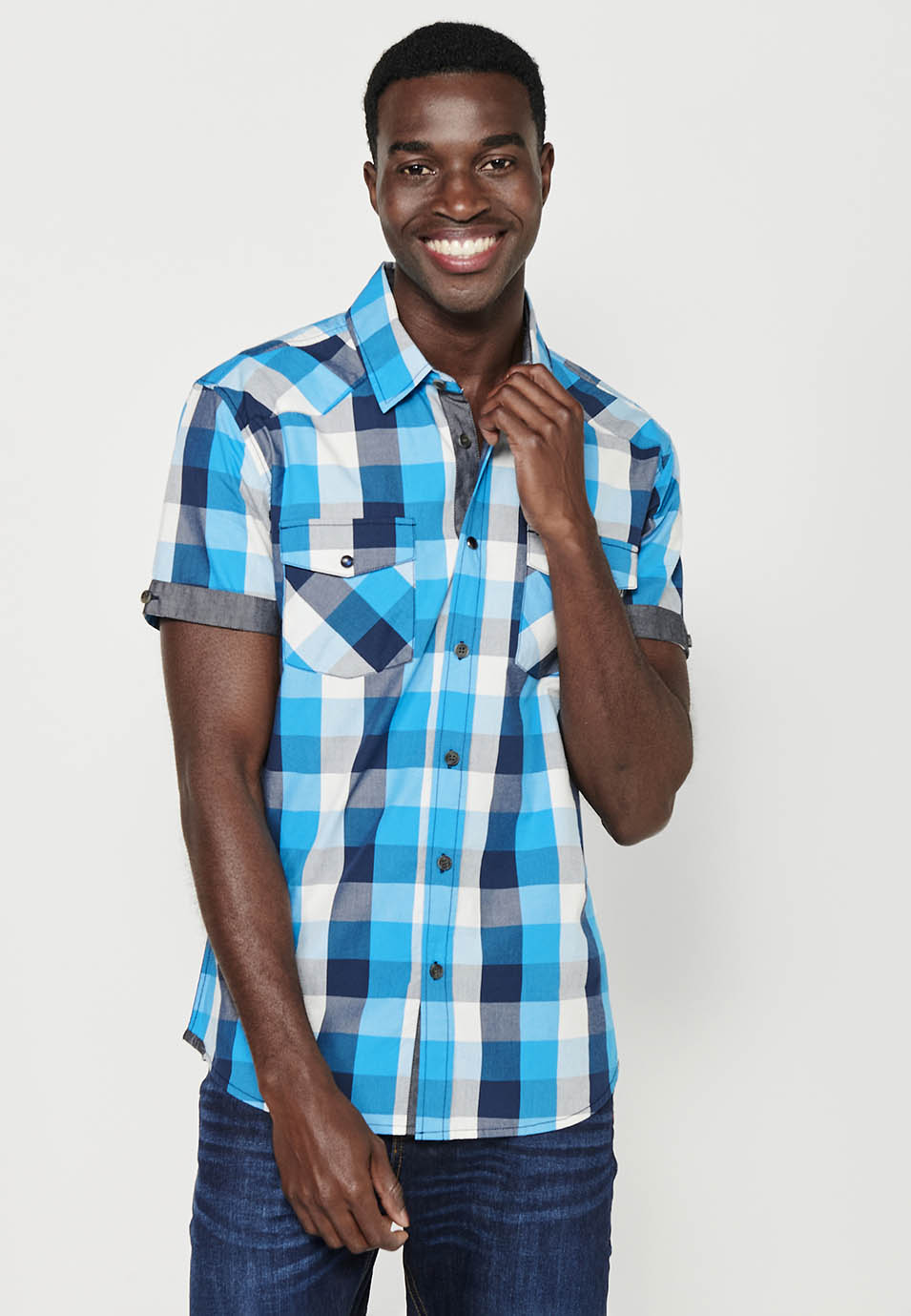 Camisa Hombre Manga Corta Cuadros Algodón Bolsillos Solapa – Koroshi 2411CC56
