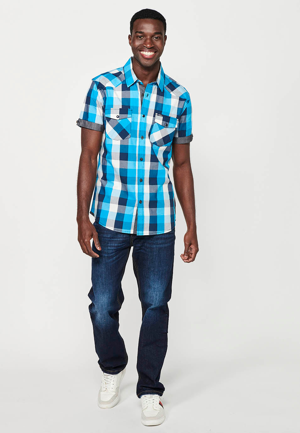 Camisa Hombre Manga Corta Cuadros Algodón Bolsillos Solapa – Koroshi 2411CC56