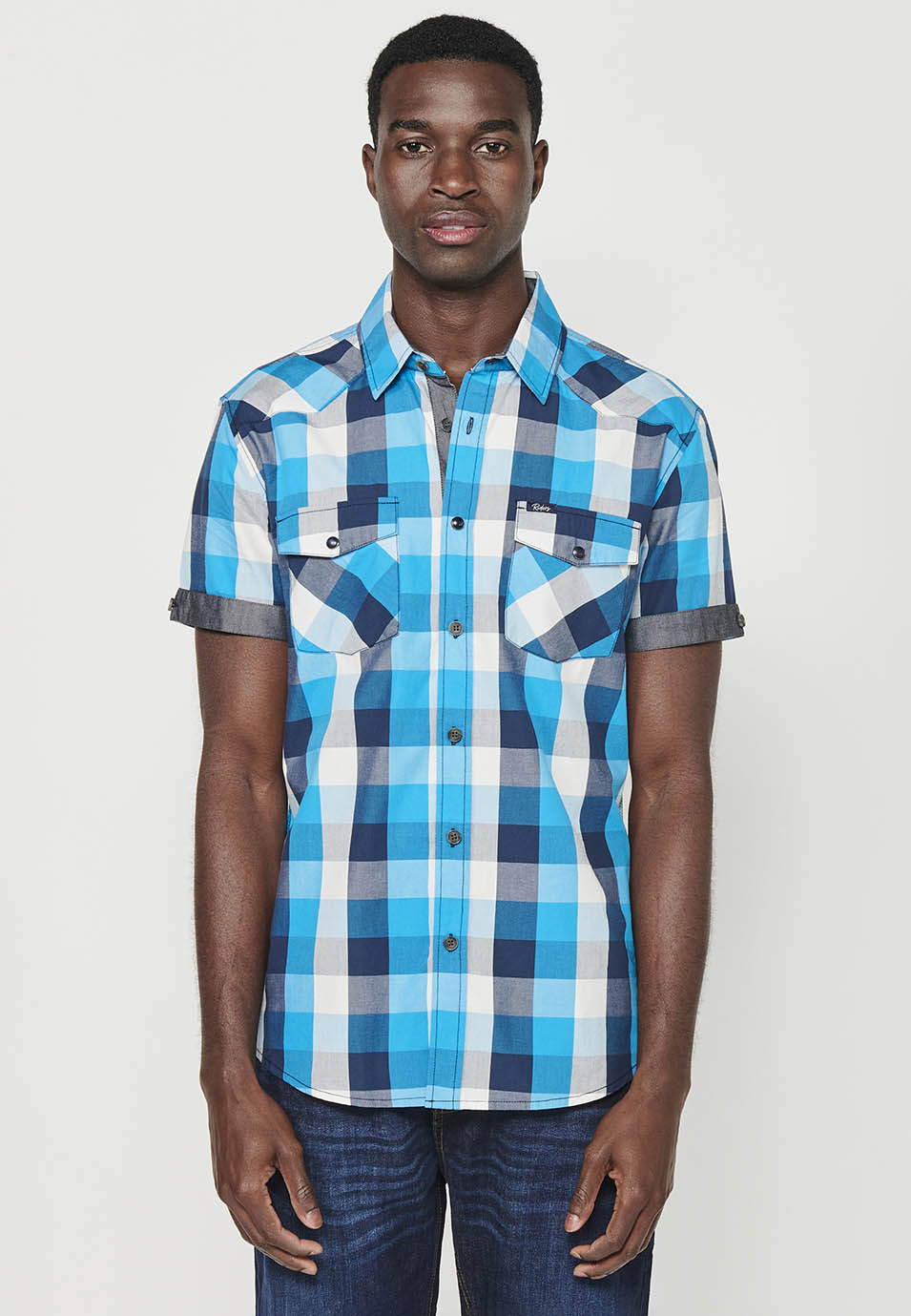 Camisa Hombre Manga Corta Cuadros Algodón Bolsillos Solapa – Koroshi 2411CC56