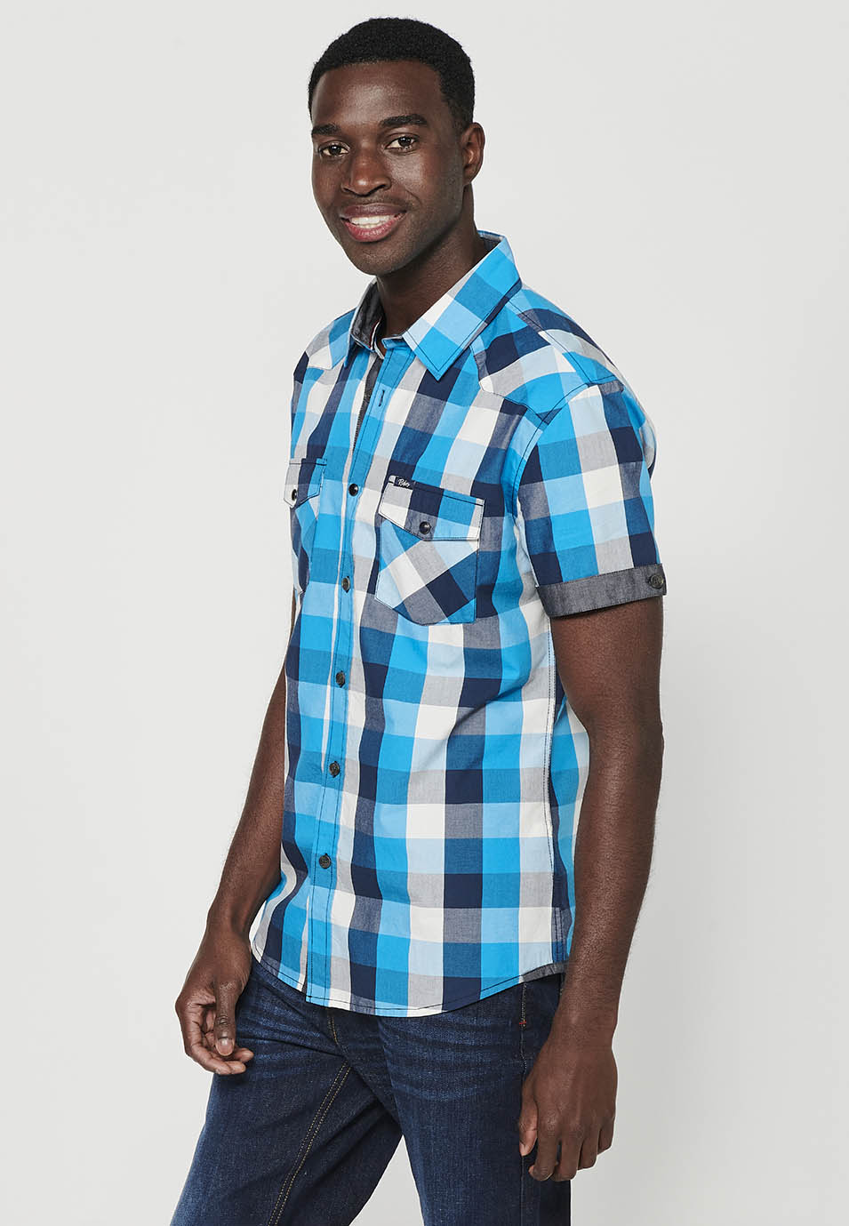 Camisa Hombre Manga Corta Cuadros Algodón Bolsillos Solapa – Koroshi 2411CC56