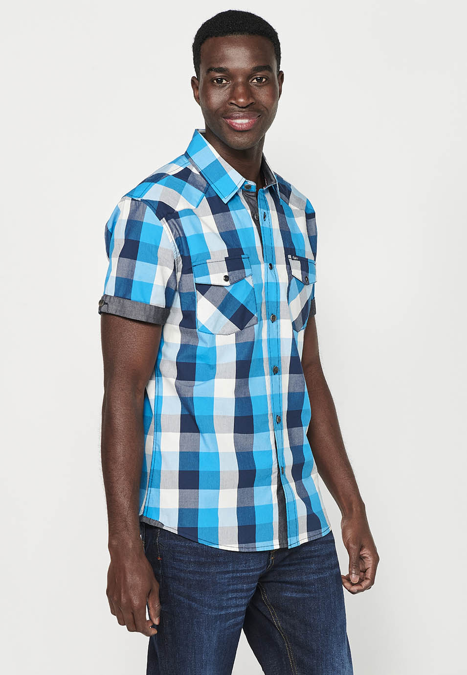 Camisa Hombre Manga Corta Cuadros Algodón Bolsillos Solapa – Koroshi 2411CC56
