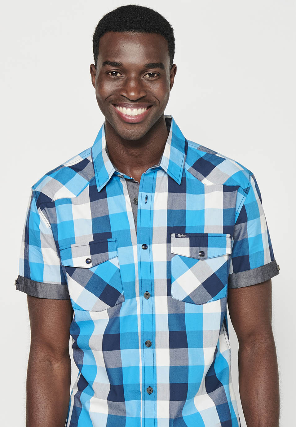 Camisa Hombre Manga Corta Cuadros Algodón Bolsillos Solapa – Koroshi 2411CC56