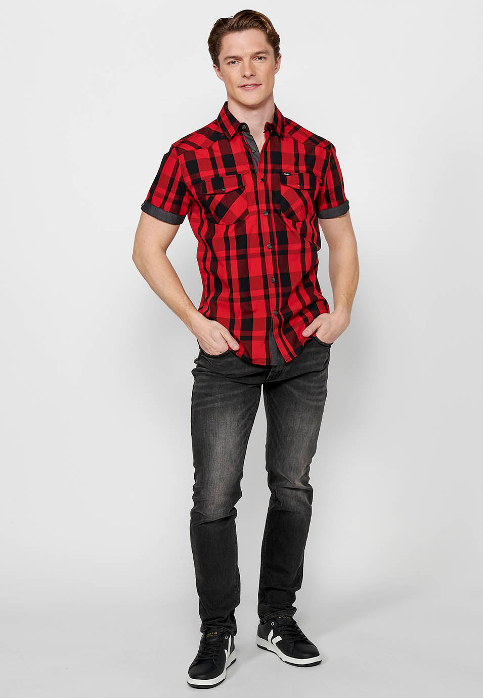 Camisa Hombre Manga Corta Cuadros Algodón Bolsillos Solapa – Koroshi 2411CC56