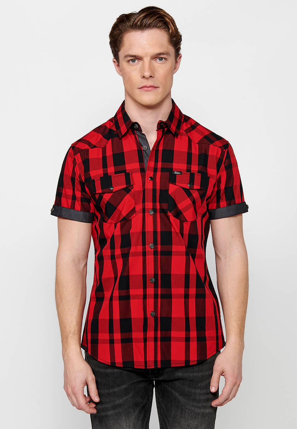 Camisa Hombre Manga Corta Cuadros Algodón Bolsillos Solapa – Koroshi 2411CC56