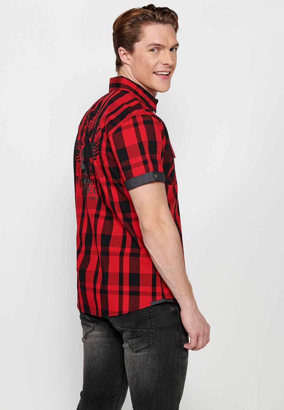 Camisa Hombre Manga Corta Cuadros Algodón Bolsillos Solapa – Koroshi 2411CC56